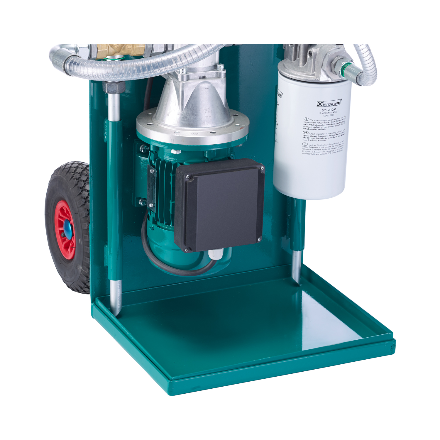 Stauff 1010003016. Mobiles Filtersystem mit Stahlrohr-Transportwagen, Nenndurchfluss max. 30 l/min (viskositätsabhängig), inkl. Verschmutzungsanzeige, CE-zertifizierter Elektromotor (230 V AC @ 50 Hz - 1 Phase) und hochwertige Zahnradpumpe