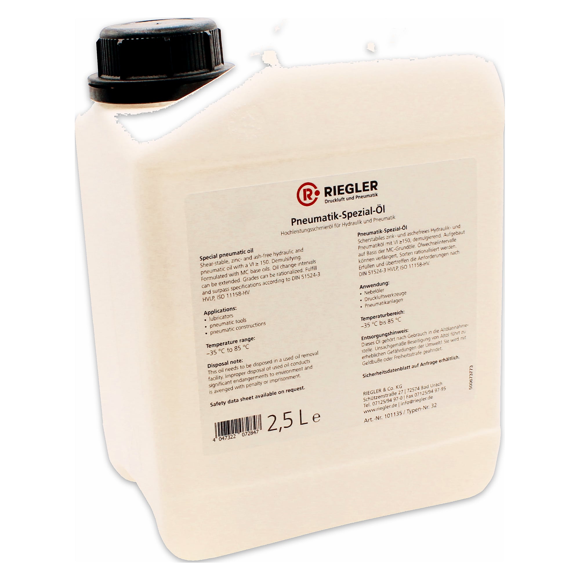 Pneumatic special oil, in canister 2.5 litre, incl. box and docu. - Riegler 101135