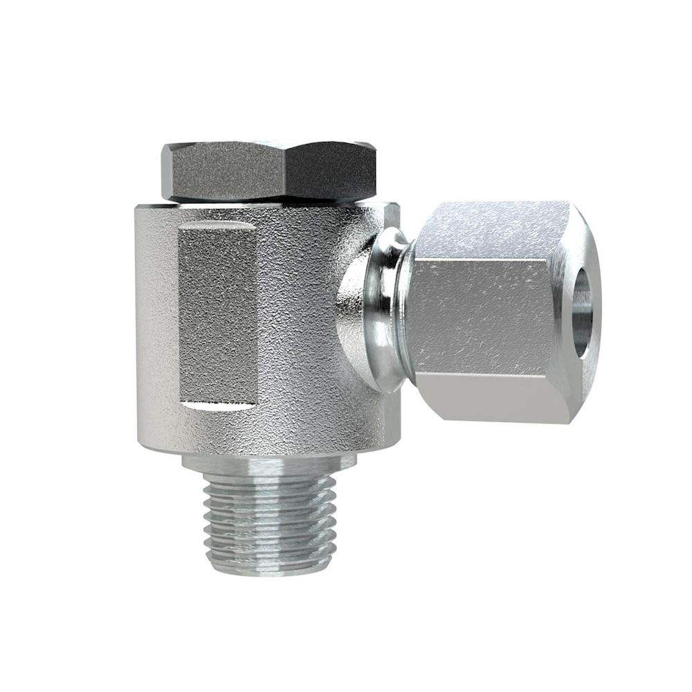 Riegler 158837.Pivoting angled fitting, M8x1.0 o., Pipe exterior Ø 5