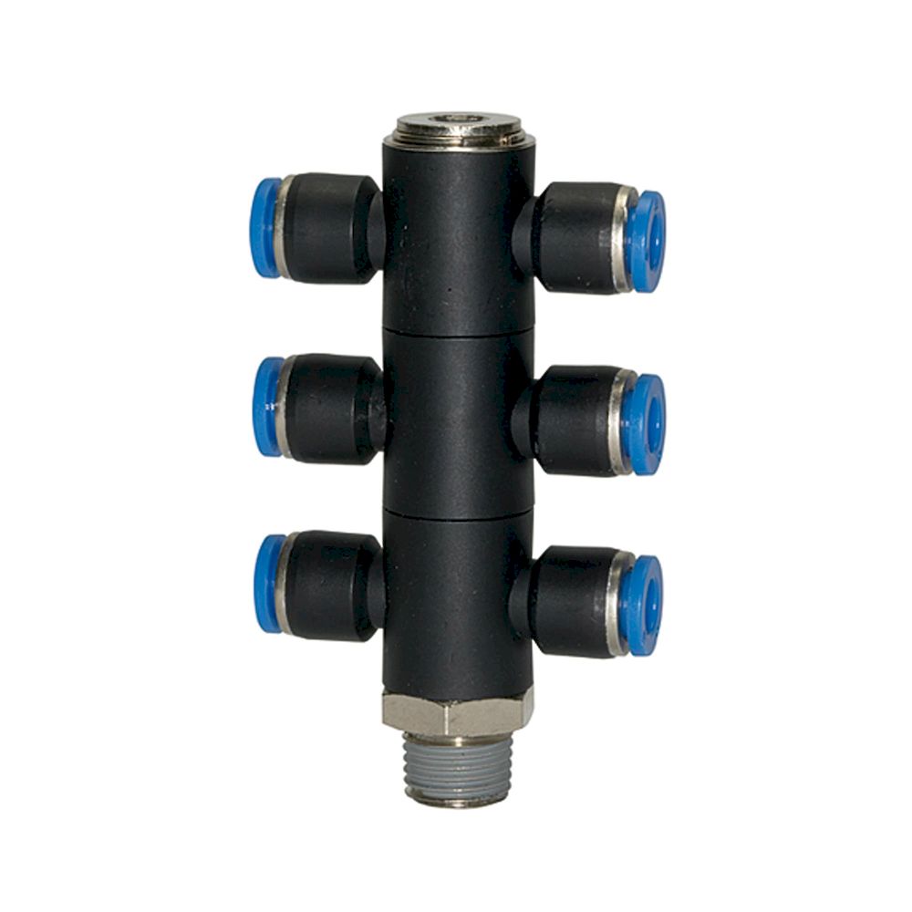 Riegler 109775. T-Mehrfachverteiler »Blaue Serie«, 6-fach, drehbar, R 1/8 a. Ø4mm
