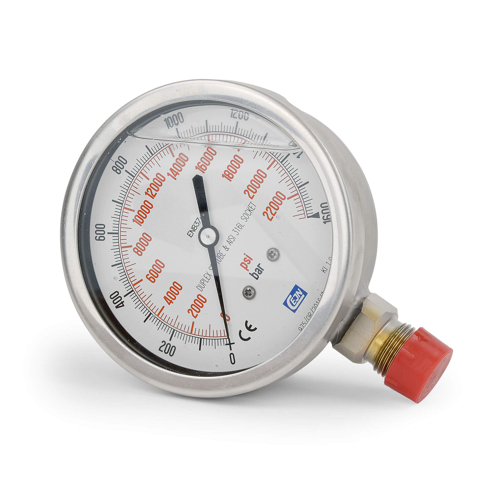 Pressure gauge Ø 100 mm, glycerine filled, G 1/2", 1600 bar, stainless steel - Cejn 199403121