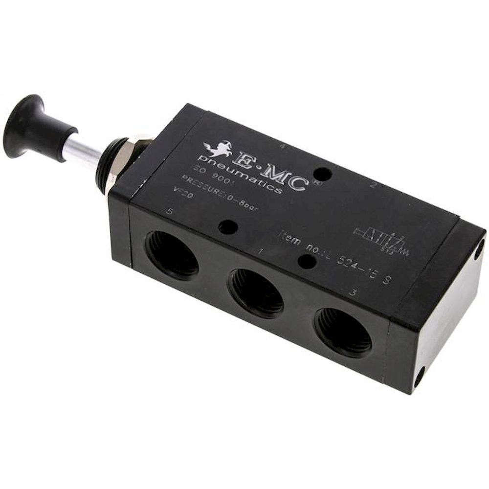 E.MC L-524-15-S. 5/2-way axial hand lever valve, spring return, G 1/2"