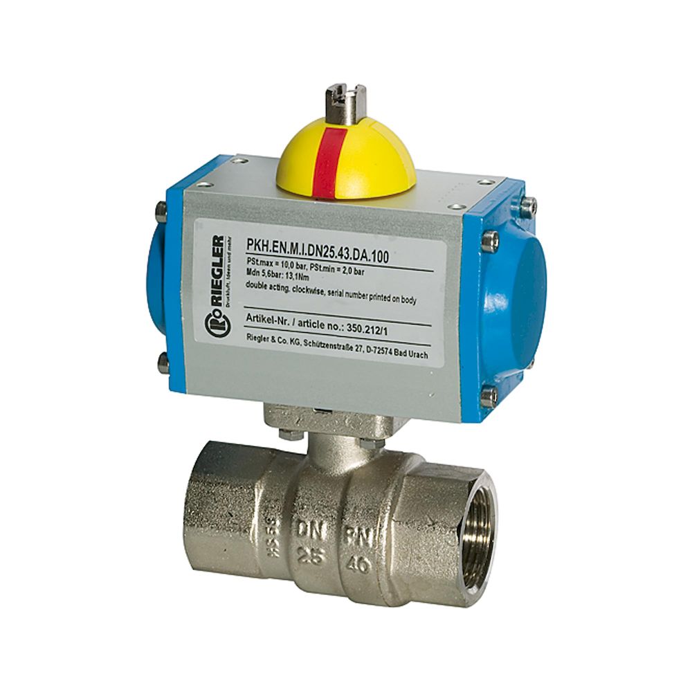 Riegler 103545.Brass ball valve, Pneum. actuation drive spring opening, Rp 1 1/2