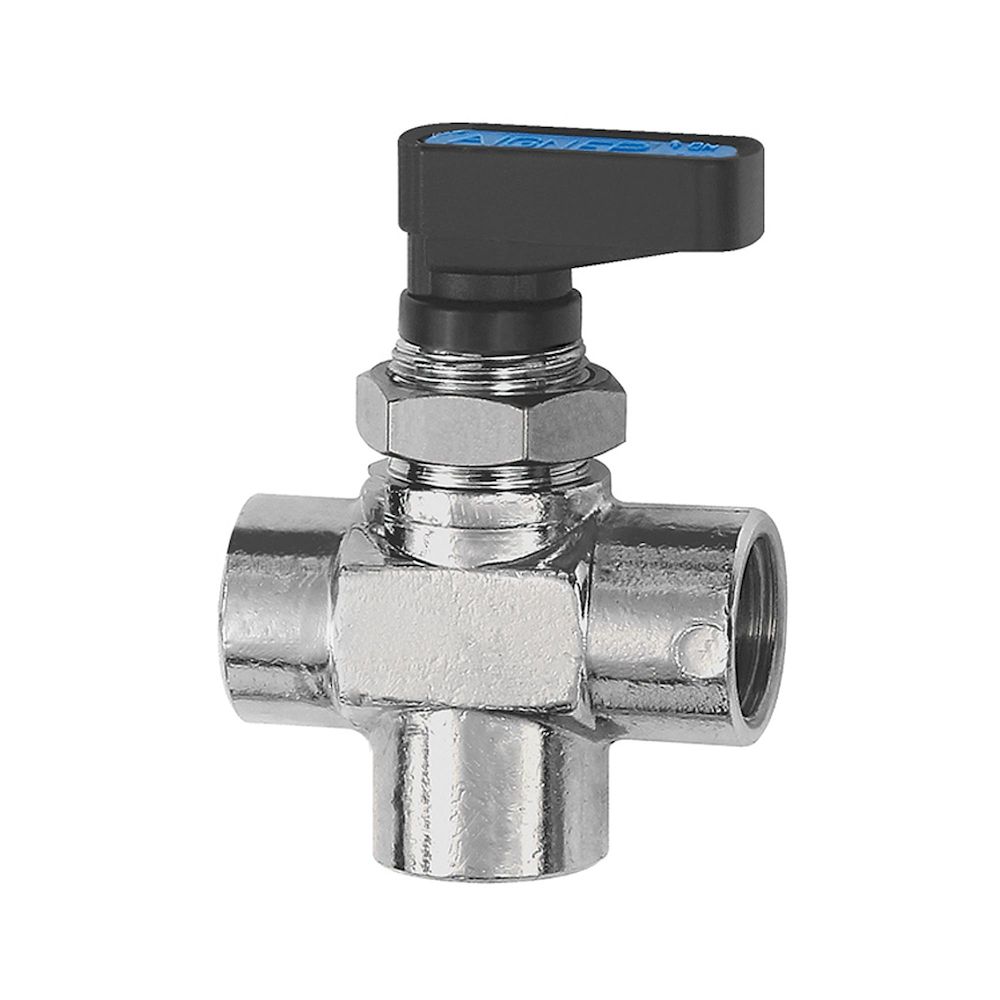 Riegler 103363.3-way mini ball valve, L-hole, Brass chrome plated, G 1/8 IT