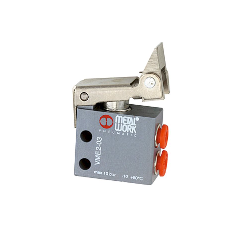 Riegler 106391. 3/2-Miniventil, mech., Rollenhebel, freier Rücklauf, 4 mm seitl.