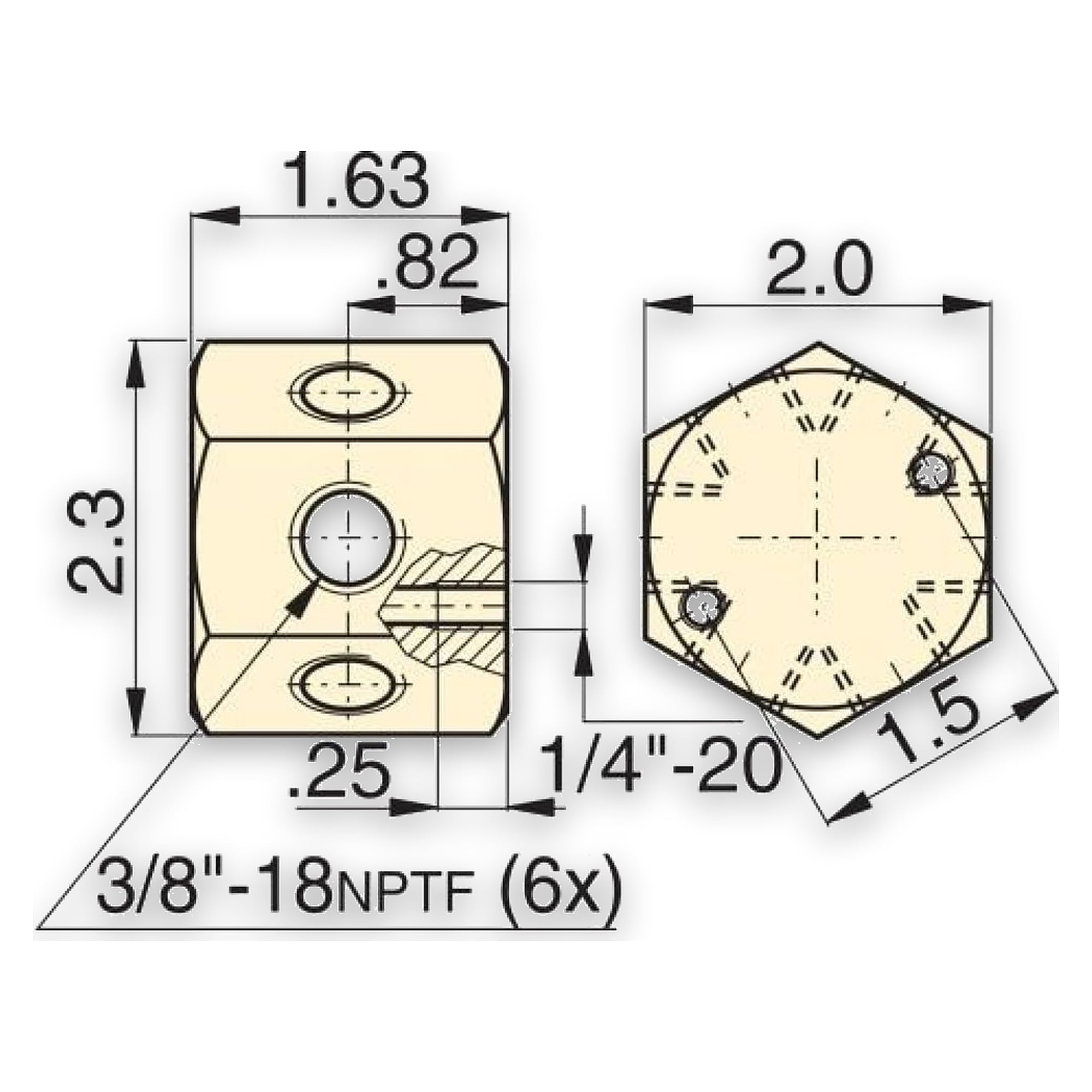 6 Ölanschlüssen, Sechskant-Verteiler, 58 mm Lang - Enerpac A66
