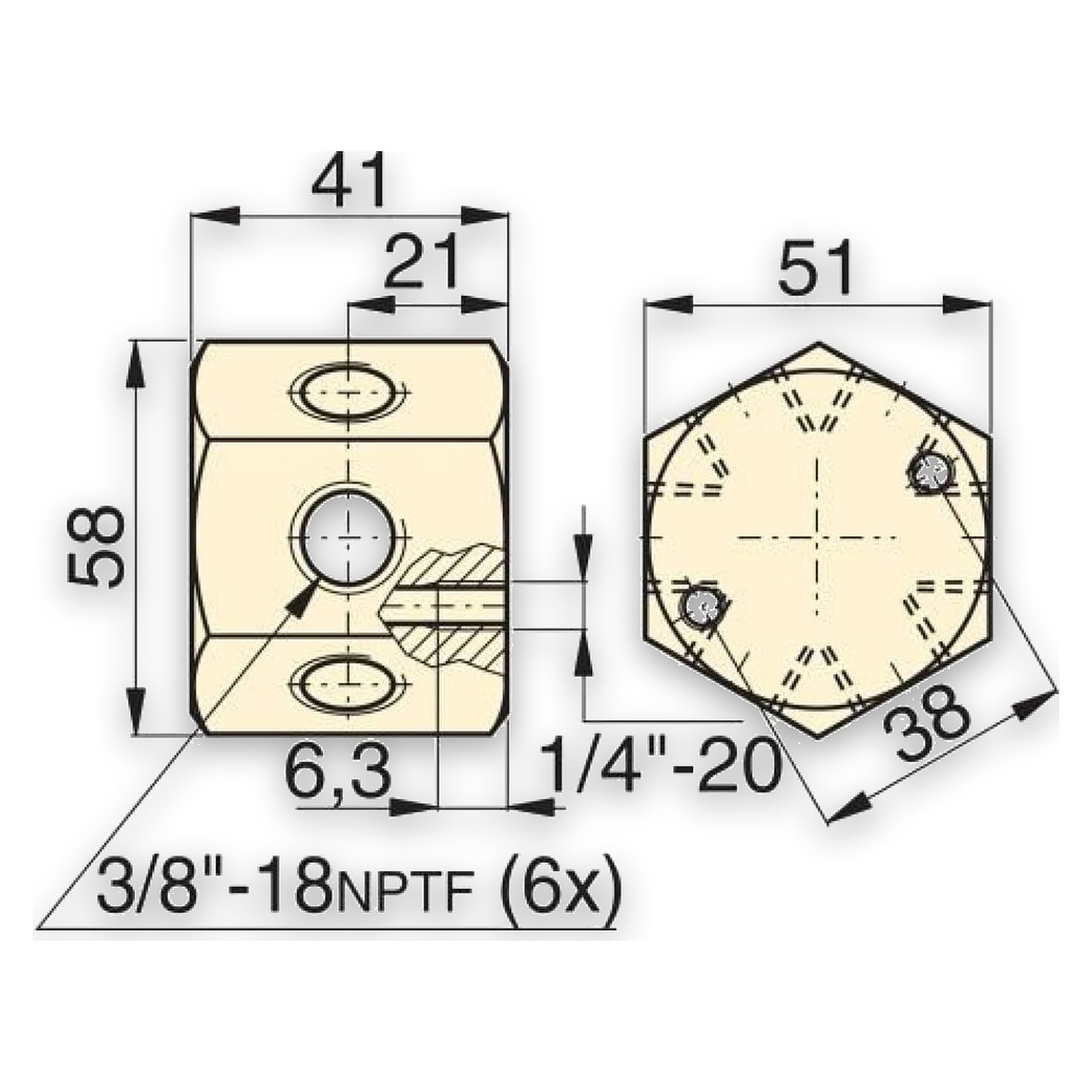 6 Ölanschlüssen, Sechskant-Verteiler, 58 mm Lang - Enerpac A66