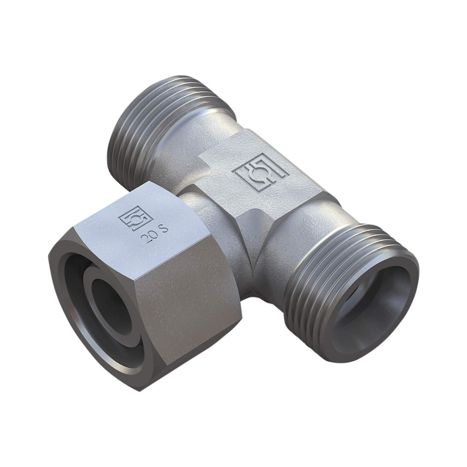 Stauff 6010003575. Adj Branch Tee 24°Taper/O-Ring Size / Type: 08L only Fitting Body Steel, Zinc/Nickel-Plated