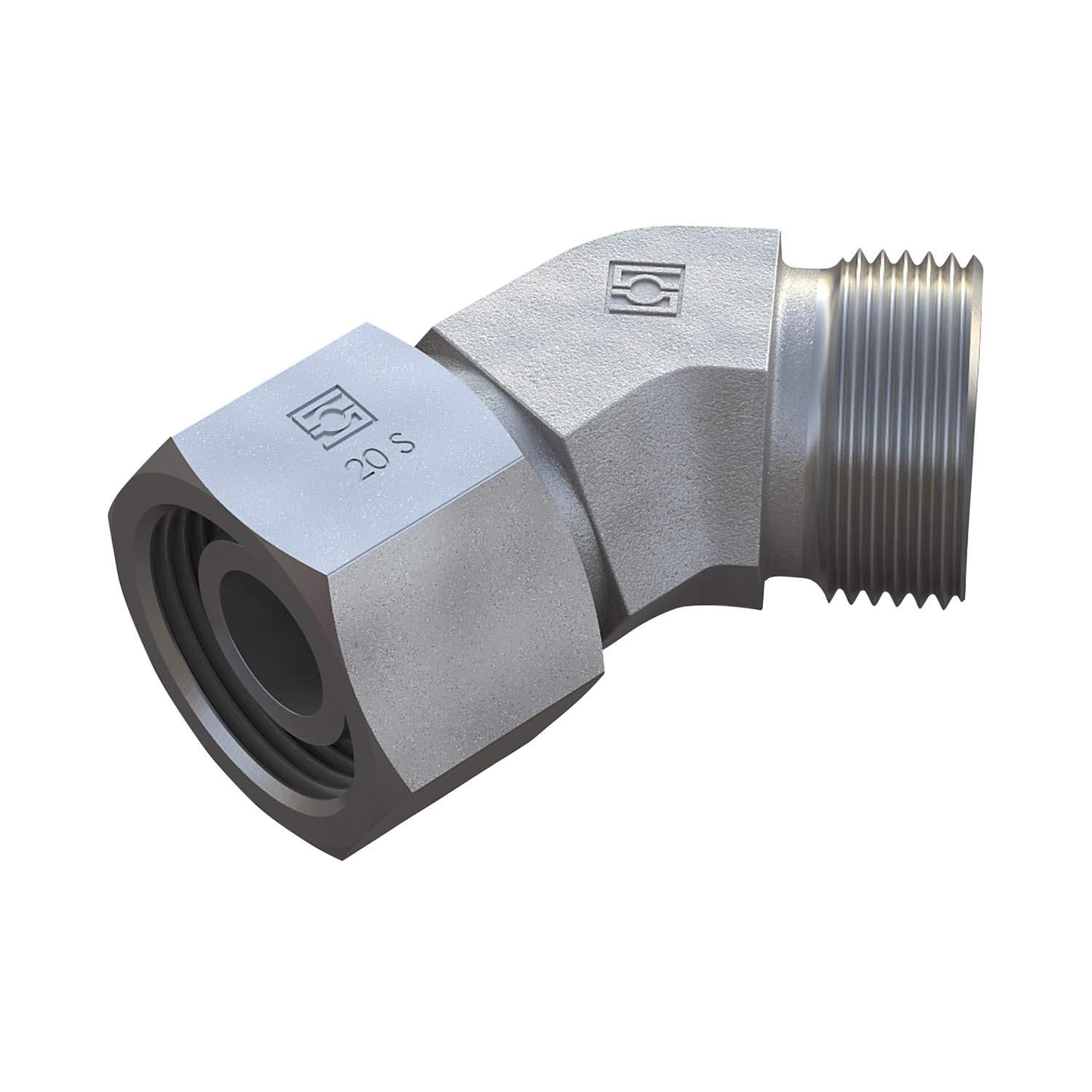 Stauff 6010003544. Adjustable Elbow (45°) with 24° Taper / O-Ring Size / Type: 16S only Fitting Body Steel, Zinc/Nickel-Plated