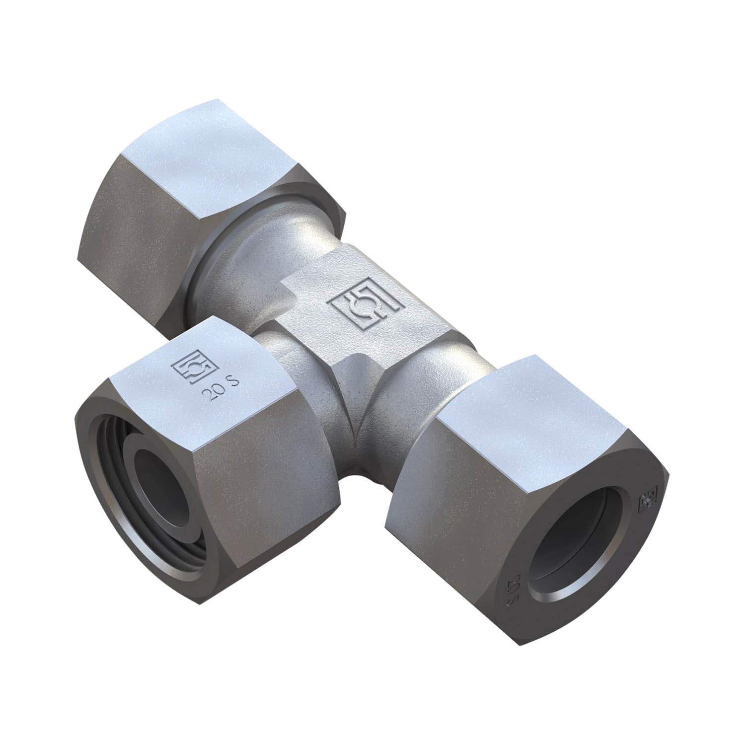 Stauff 6010003682. Adj Branch Tee 24°Taper/O-Ring Size / Type: 38S with Cutting Ring & Union Nut Steel, Zinc/Nickel-Plated
