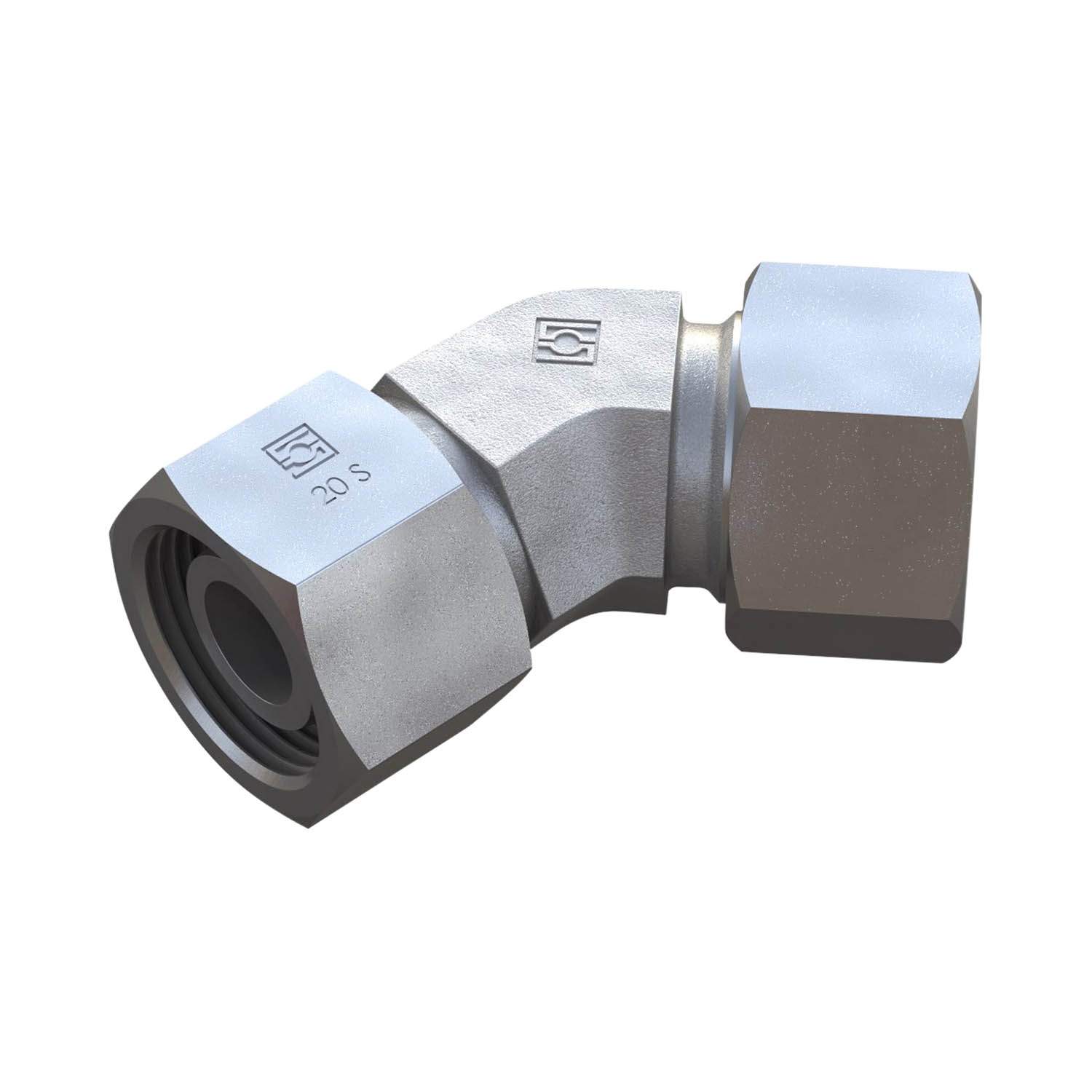 Stauff 6010003501. Adjustable Elbow (45°) with 24° Taper / O-Ring Size / Type: 35L with Cutting Ring & Union Nut Steel, Zinc/Nickel-Plated