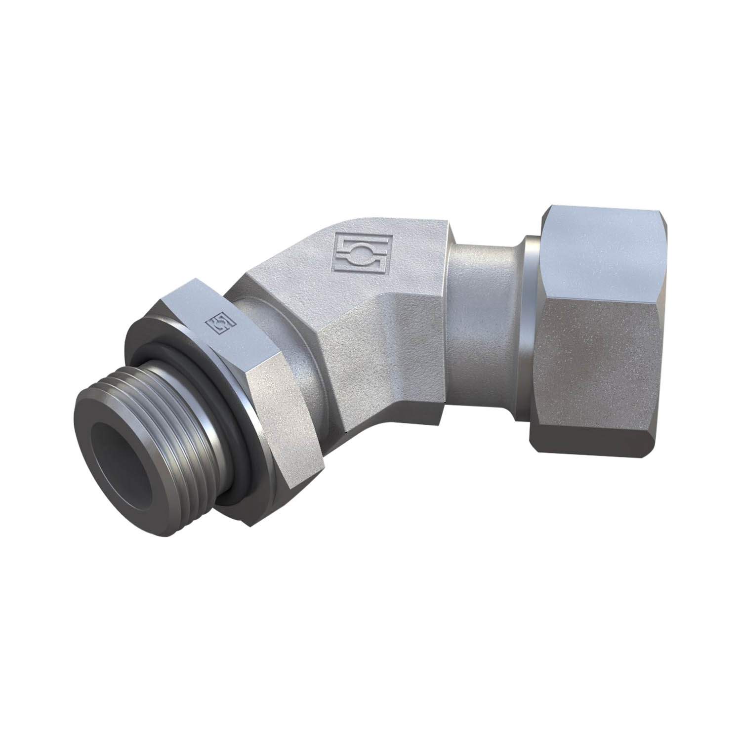 Stauff 6010008576. Einstellbare Winkel-Einschraub Verschraubung 45° mit Konterm. Baugröße: 18L M22x1,5, O-Ring mit Schneidring und Mutter Stahl, Zink/Nickel-beschichtet