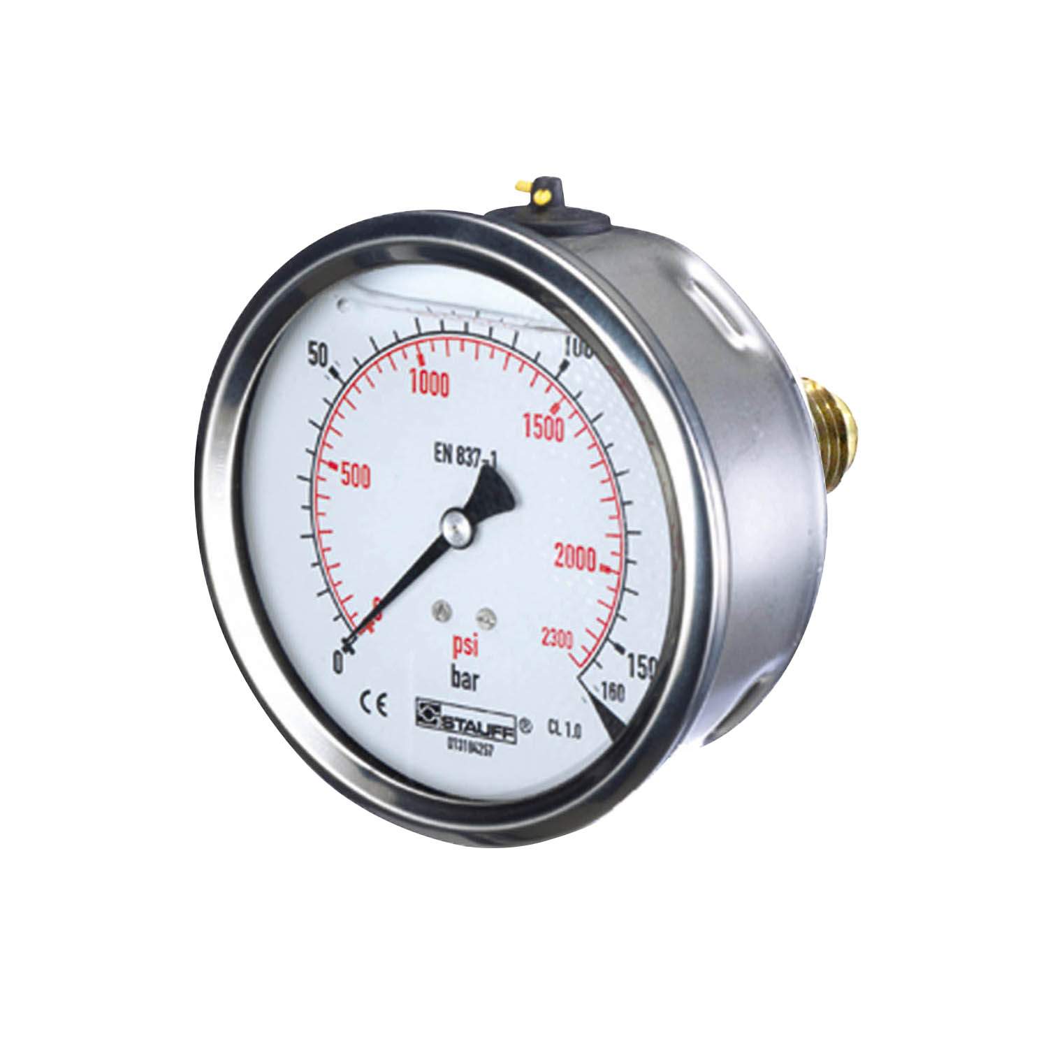 Stauff 1910000654. Edelstahl-Manometer Durchmesser 63 mm Druckbereich -1 bis 3 bar Skala in bar (außen) und PSI (innen) Prozessanschluss G 1/4 BSPP hinten