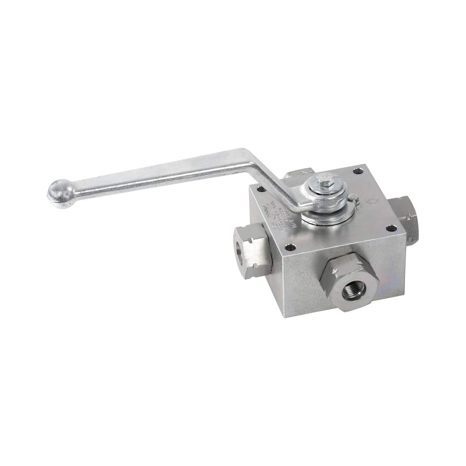 Stauff 3404002433. Ball Valve Mild Steel, zinc/iron-plated 4-way Ball Valves Connection: 1/4 BSP Nominal Size: DN6 Sealing: POM / FKM PN: 500 bar / 7250 PSI