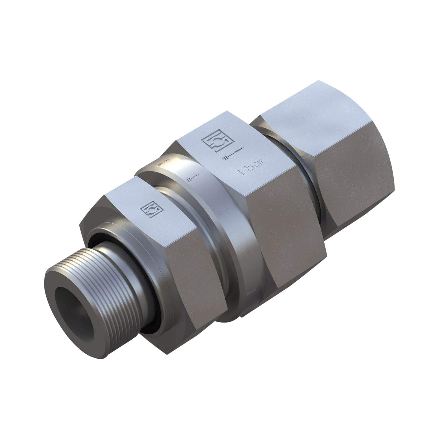 Stauff 6010002569. Male Stud Check Valve Flow from Stud End, Size: 15L 1/2 BSP, Profile Sealing with Cutting Ring & Union Nut Opening Pressure: 0,2 Bar Steel, Zinc/Nickel-Plated