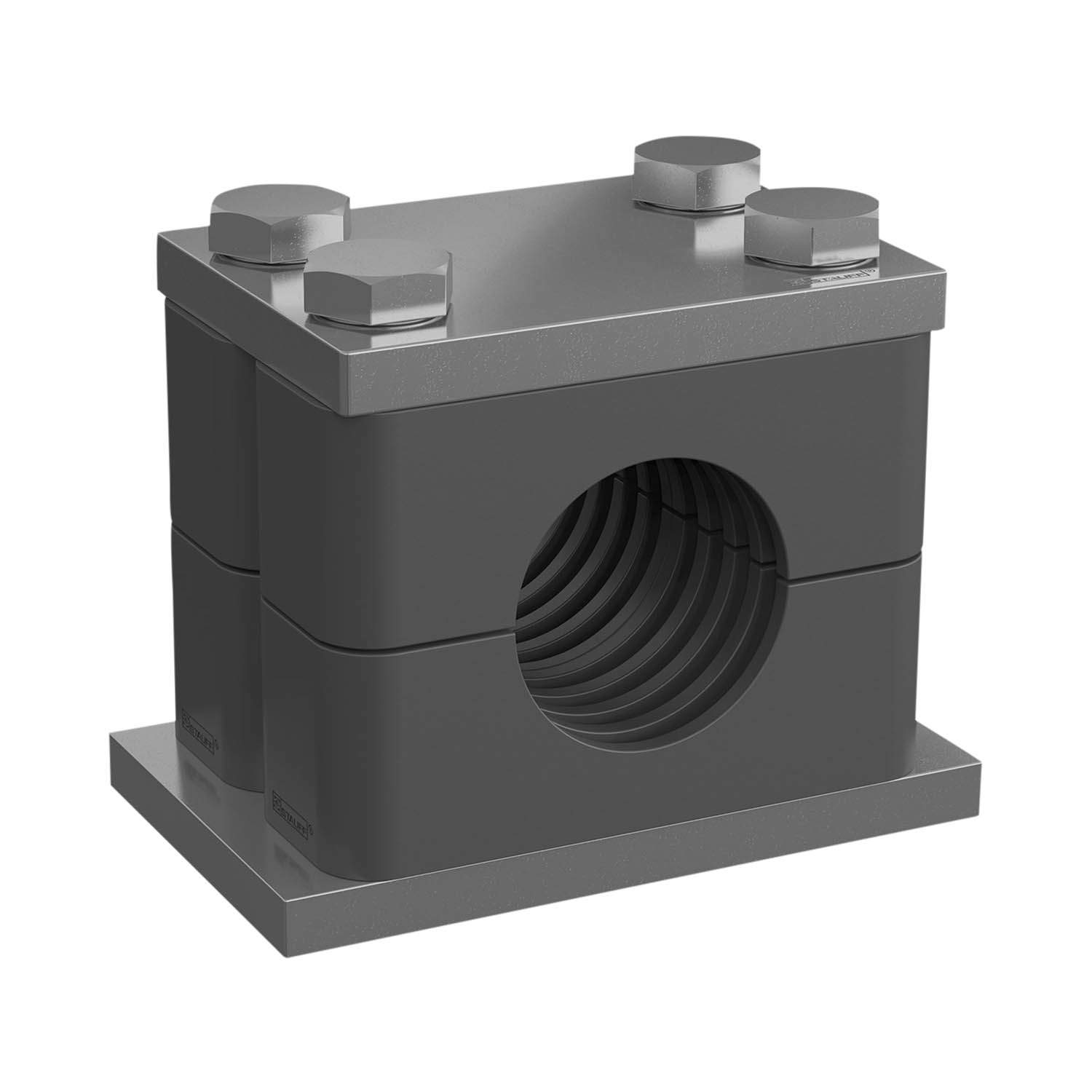 Stauff 1110007347. Komplettschelle Schwere Baureihe Gr. 6S Ø60,3mm Elastomer W12 Anschweißpl., doppelt Deckpl., AS-Schraube gerippt, mit Vorspannung