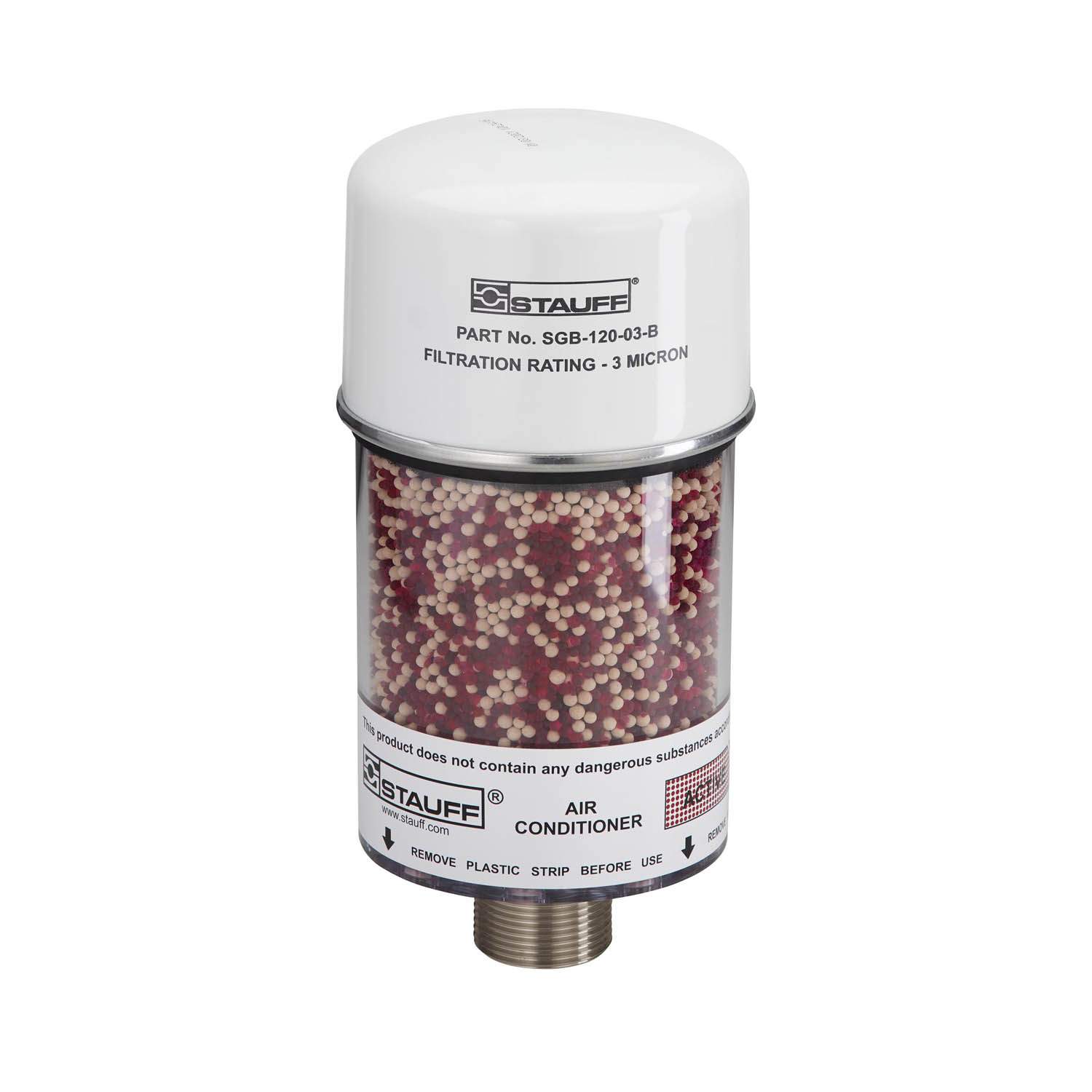 Stauff 1910020444. Luftfilter und Luftentfeuchter (Robuste Ausführung) Standard-Trocknermaterial 25% Silicagel und 75% Molekularsieb Durchmesser 130 mm Baulänge 258 mm Außengewinde G1-1/4 BSP mit Rückschlagventilen