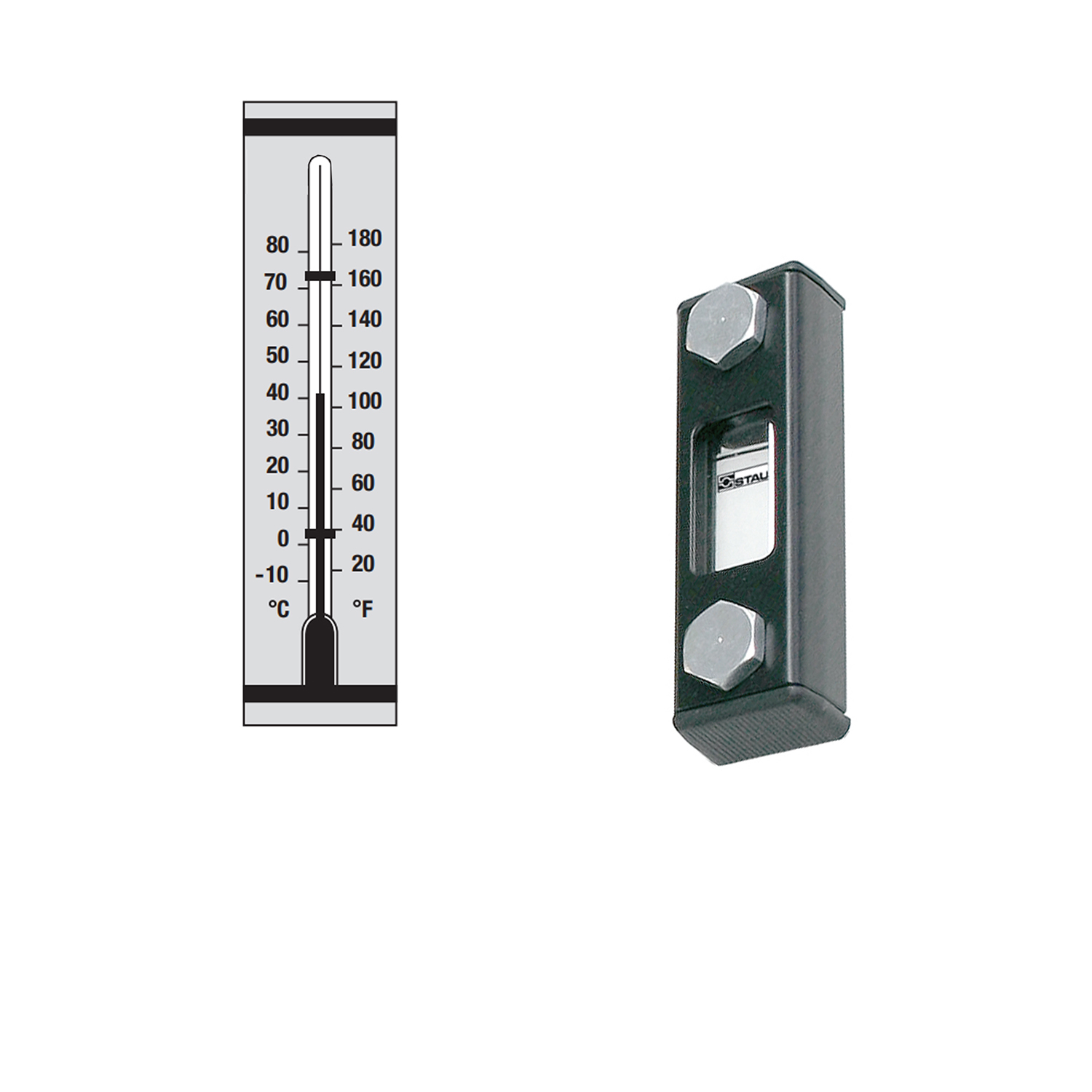 Stauff 1910000090. Optischer Niveauanzeiger Typ SNA-076 Nenngröße: 76 mm / 2.99 in Gehäuse: Stahl, pulverbesch. Schauglas: Polyamid (PA) Skalenplatte: PVC Dichtungen: NBR Neutrale Skalenplatte Rotes Thermometerrohr Skala < 80°C Hohlschrauben M10