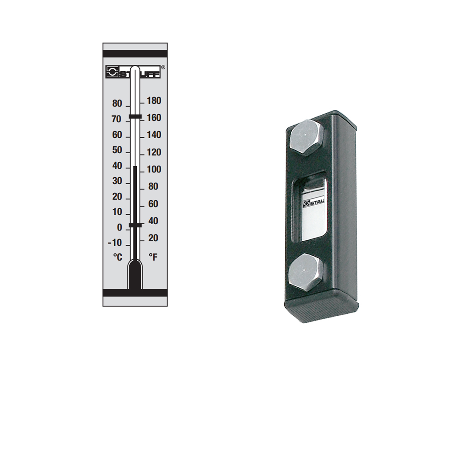 Stauff 1910000557. Optischer Niveauanzeiger Typ SNA-076 Nenngröße: 76 mm / 2.99 in Gehäuse: Stahl, pulverbesch. Schauglas: Polyamid (PA) Skalenplatte: PVC Dichtungen: NBR Skalenplatte mit STAUFF Logo Rotes Thermometerrohr Skala < 80°C Hohlschrauben M10