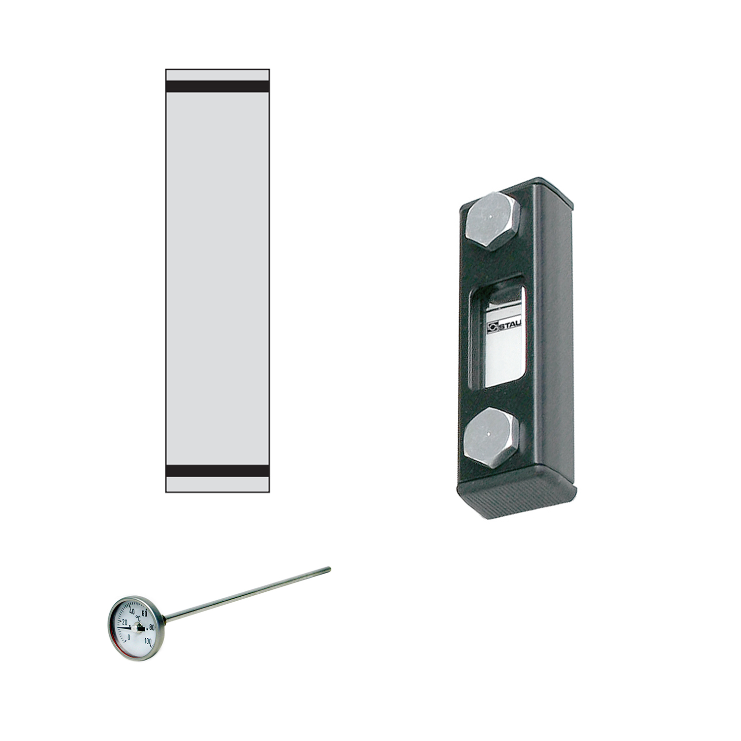 Stauff 1910000080. Optischer Niveauanzeiger Typ SNA-076 Nenngröße: 76 mm / 2.99 in Gehäuse: Stahl, pulverbesch. Schauglas: Polyamid (PA) Skalenplatte: PVC Dichtungen: NBR Neutrale Skalenplatte Fühlerthermometer Skala < 100°C Länge: 200 mm Hohlschrauben M1