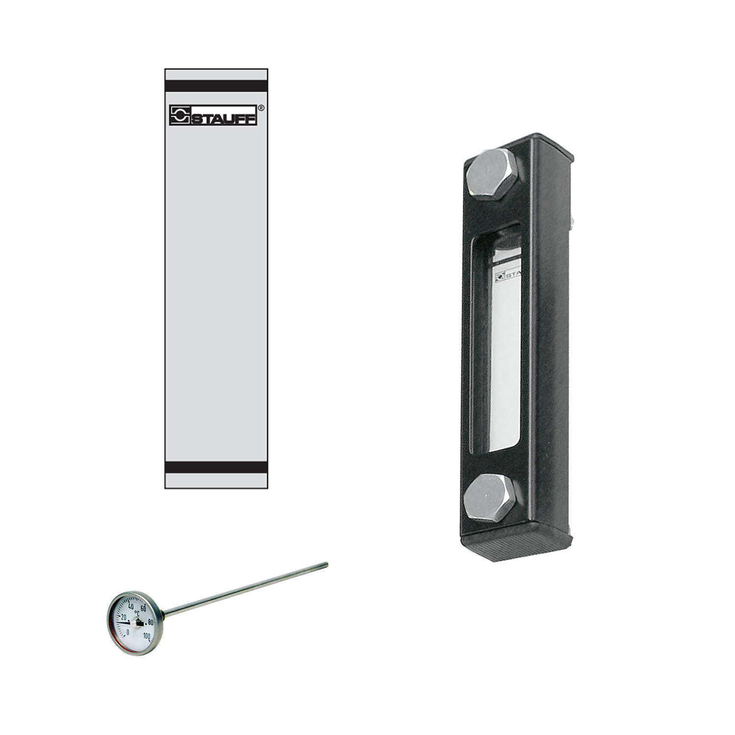 Stauff 6100032527. Optischer Niveauanzeiger Typ SNA-127 Nenngröße: 127 mm / 5.00 in Gehäuse: Stahl, pulverbesch. Schauglas: Polyamid (PA) Skalenplatte: PVC Dichtungen: NBR Skalenplatte mit STAUFF Logo Fühlerthermometer Skala < 100°C / 200°F Länge: 200 mm 