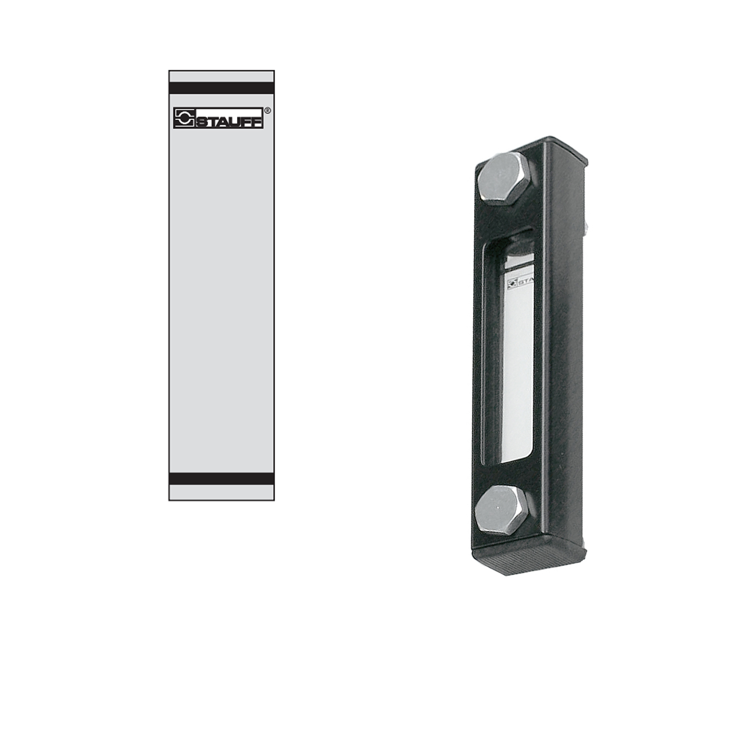 Stauff 1910000571. Visual Level Gauge Type SNA-176 Nom. Size: 176mm / 6.93 in Housing: Steel, coated Sight Tube: Polyamide (PA) Scale Plate: PVC Sealings: NBR Scale Plate with STAUFF Logo Without Thermometer Banjo Bolts M12