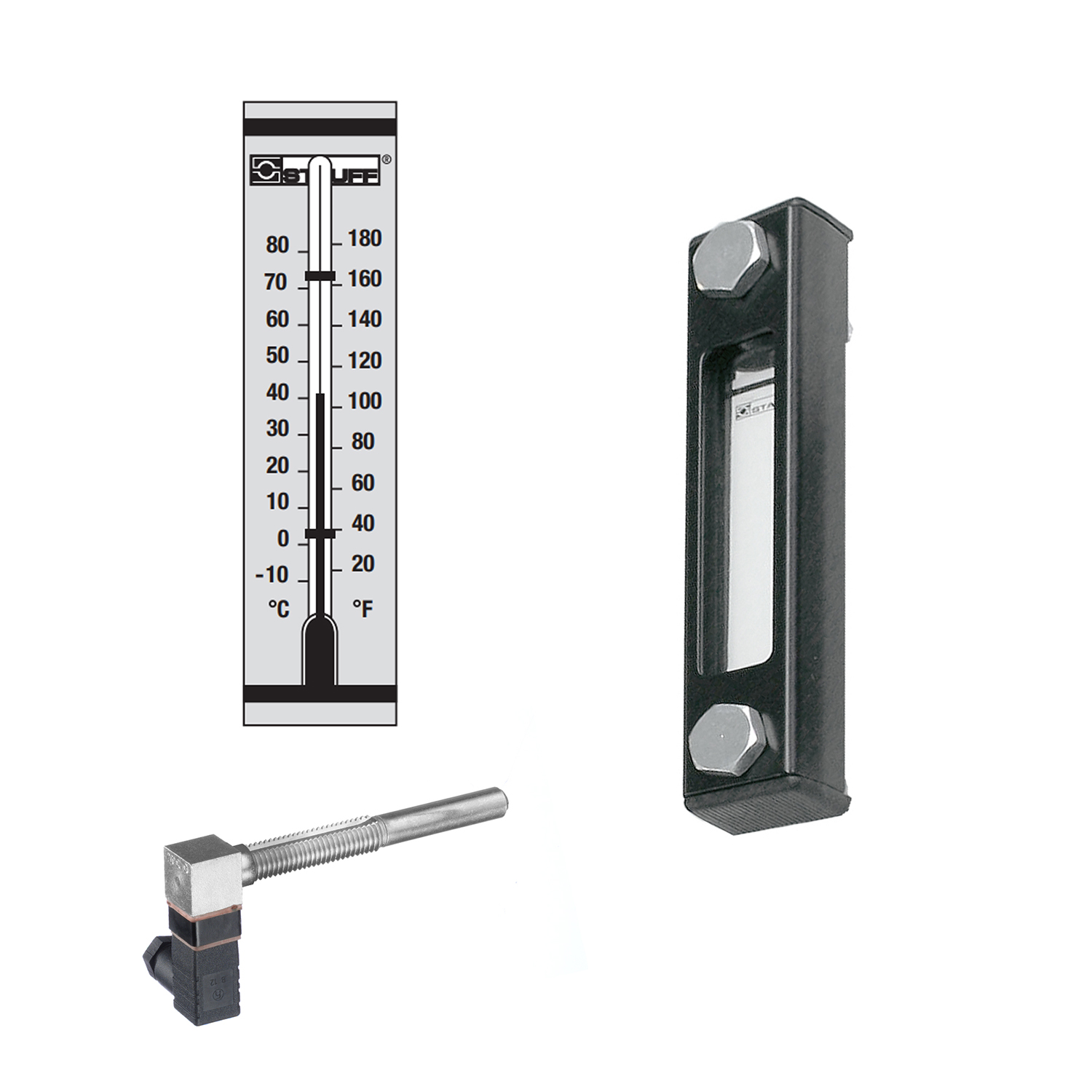 Stauff 1910001003. Optischer Niveauanzeiger Typ SNA-176 Nenngröße: 176 mm / 6.93 in Gehäuse: Stahl, pulverbesch. Schauglas: Polyamid (PA) Skalenplatte: PVC Dichtungen: NBR Skalenplatte mit STAUFF Logo Rotes Thermometerrohr Skala < 80°C Hohlschrauben M12 T