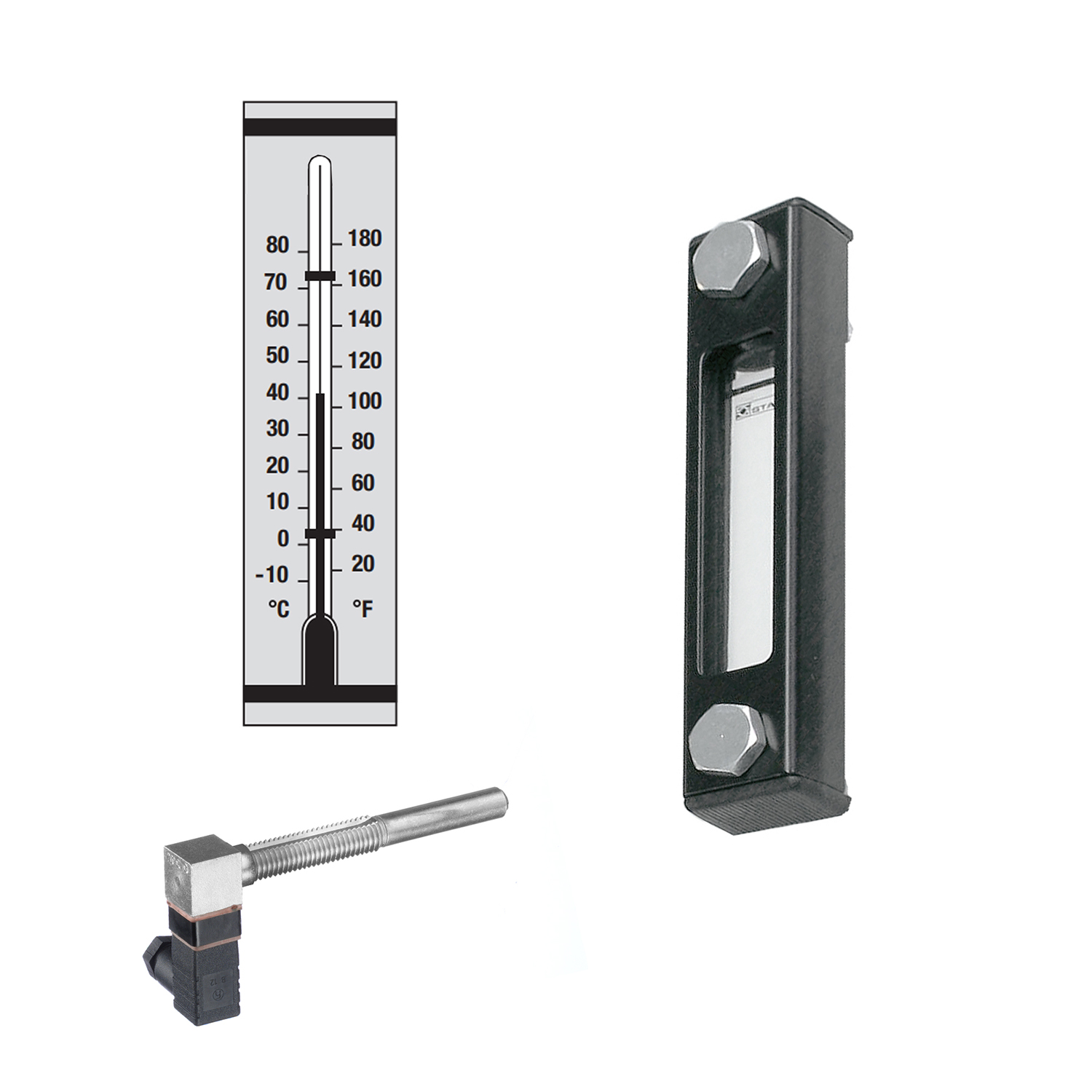 Stauff 1910000321. Optischer Niveauanzeiger Typ SNA-127 Nenngröße: 127 mm / 5.00 in Gehäuse: Stahl, pulverbesch. Schauglas: Polyamid (PA) Skalenplatte: PVC Dichtungen: NBR Neutrale Skalenplatte Rotes Thermometerrohr Skala < 80°C Hohlschrauben M12 Temperat