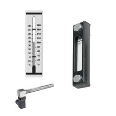 Stauff 1910001651. Optischer Niveauanzeiger Typ SNA-127 Nenngröße: 127 mm / 5.00 in Gehäuse: Stahl, pulverbesch. Schauglas: Polyamid (PA) Skalenplatte: PVC Dichtungen: NBR Neutrale Skalenplatte Rotes Thermometerrohr Skala < 80°C Hohlschrauben M12 Temperat