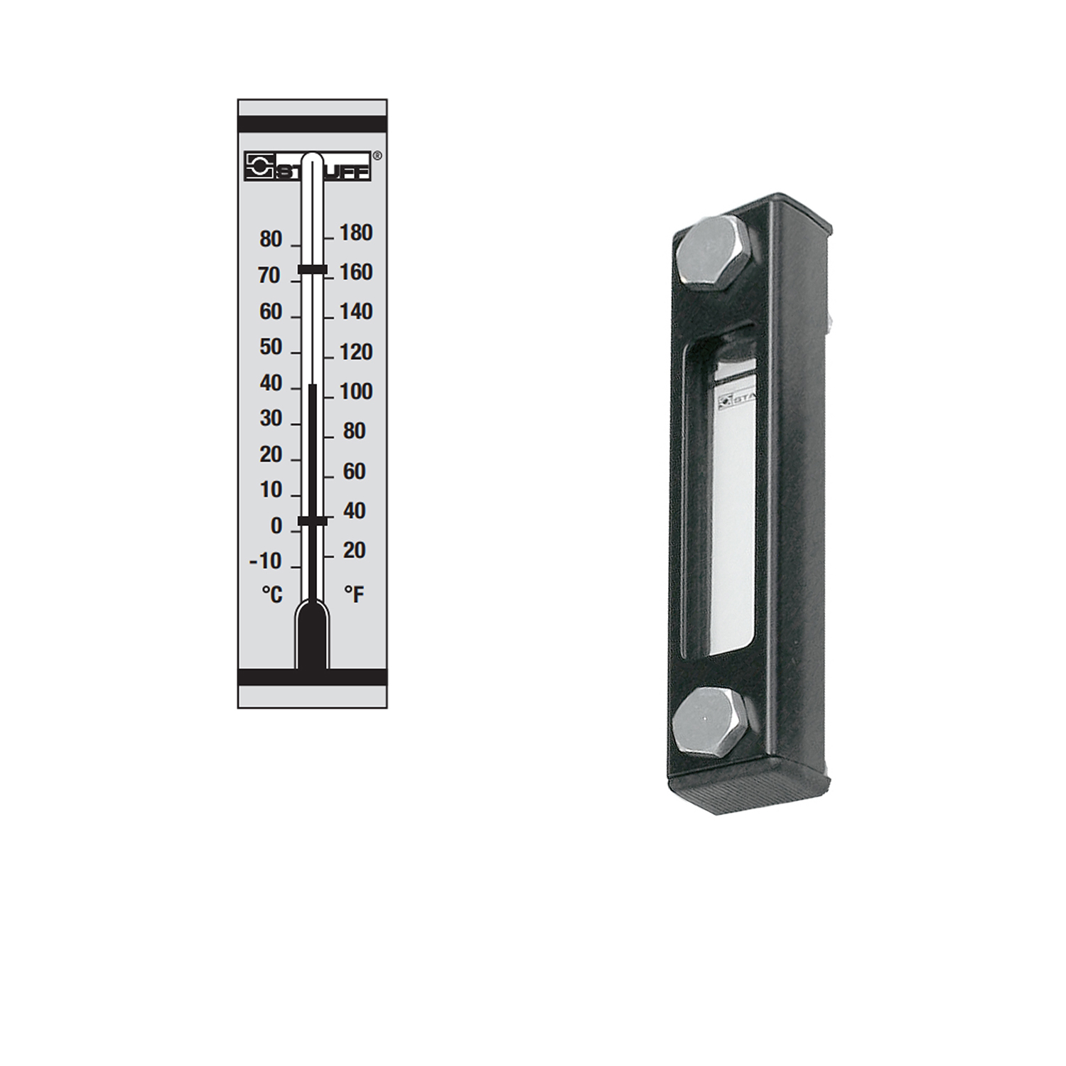Stauff 1910000329. Visual Level Gauge Type SNA-127 Nom. Size: 127 mm / 5.00 in Housing: Steel, coated Sight Tube: Polyamide (PA) Scale Plate: PVC Sealings: NBR Scale Plate with STAUFF Logo Red Capillary Tube Thermometer Scale < 80°C Banjo Bolts M12