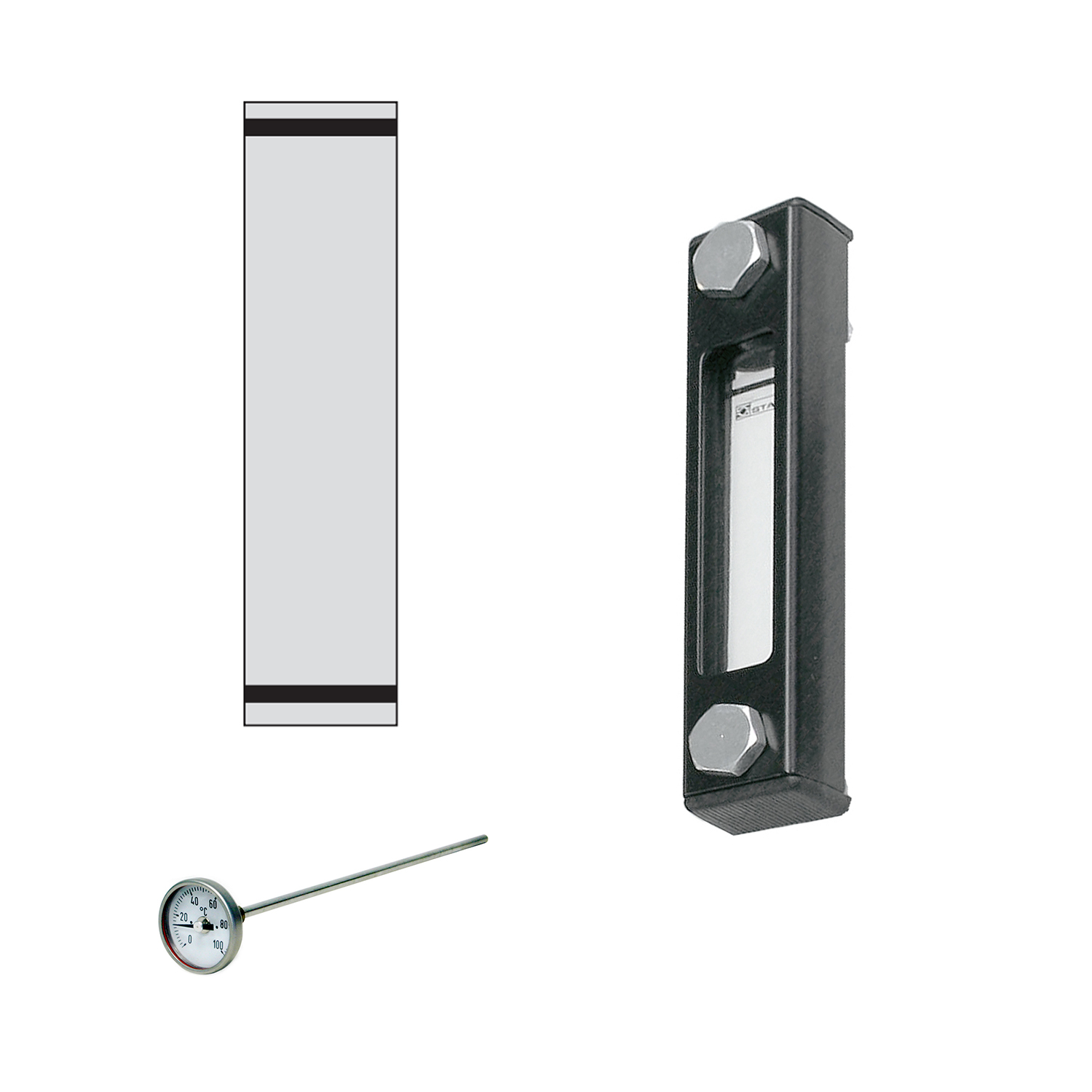 Stauff 1910000582. Visual Level Gauge Type SNA-176 Nom. Size: 176mm / 6.93 in Housing: Steel, coated Sight Tube: Polyamide (PA) Scale Plate: PVC Sealings: NBR Neutral Scale Plate Dial Thermometer Scale < 100°C Length: 200 mm Banjo Bolts M12
