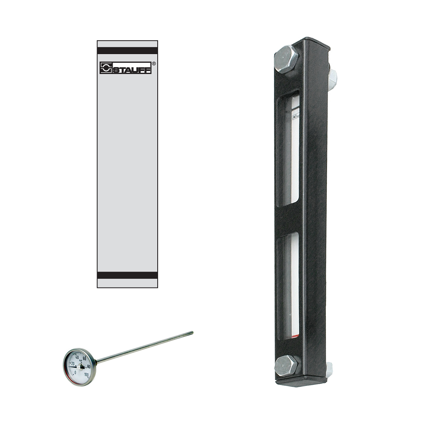 Stauff 1910000118. Visual Level Gauge Type SNA-254 Nom. Size: 254 mm / 10.00 in Housing: Steel, coated Sight Tube: Polyamide (PA) Scale Plate: PVC Sealings: NBR Scale Plate with STAUFF Logo Dial Thermometer Scale < 100°C Length: 200 mm Banjo Bolts M12