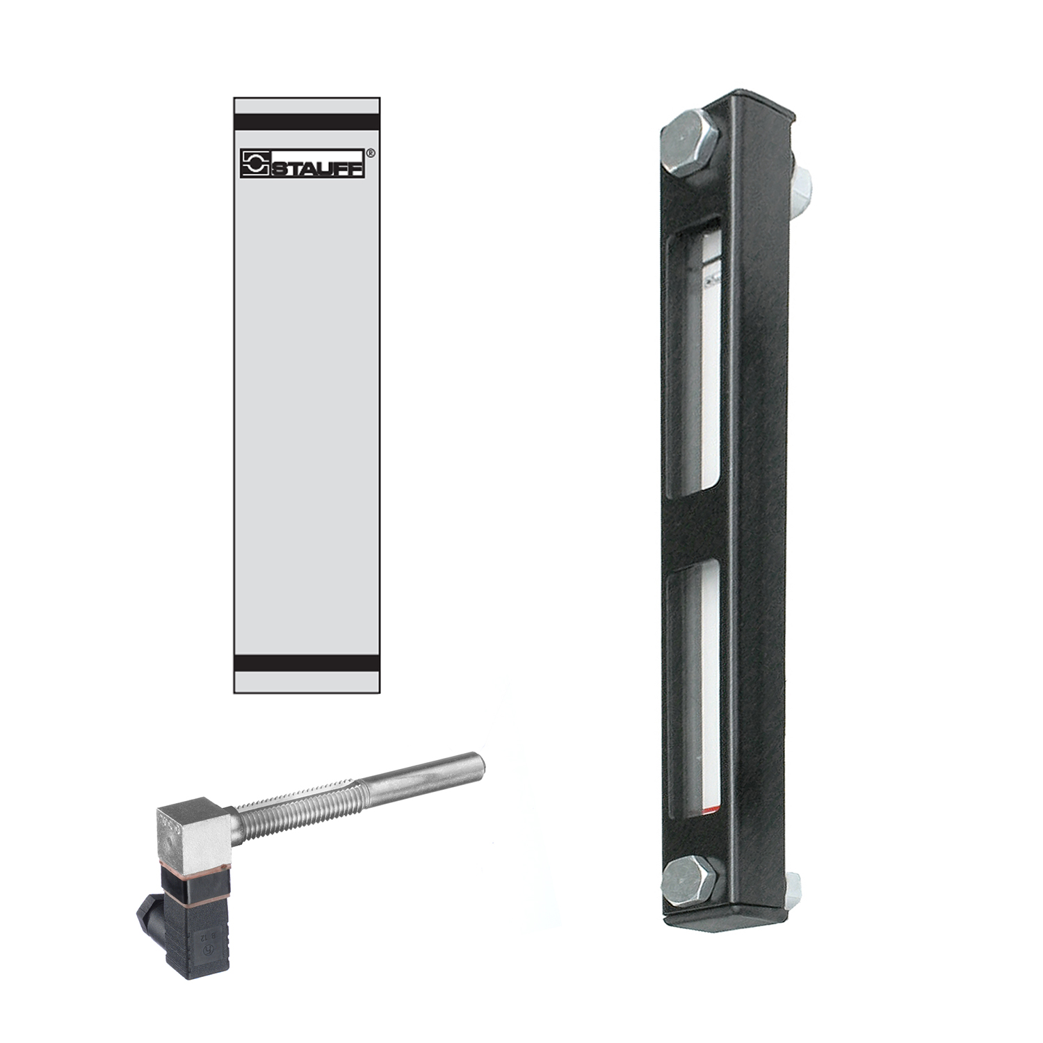 Stauff 1910001605. Optischer Niveauanzeiger Typ SNA-254 Nenngröße: 254 mm / 10.00 in Gehäuse: Stahl, pulverbesch. Schauglas: Polyamid (PA) Skalenplatte: PVC Dichtungen: NBR Skalenplatte mit STAUFF Logo Ohne Thermometer Hohlschrauben M12 Temperaturschalter