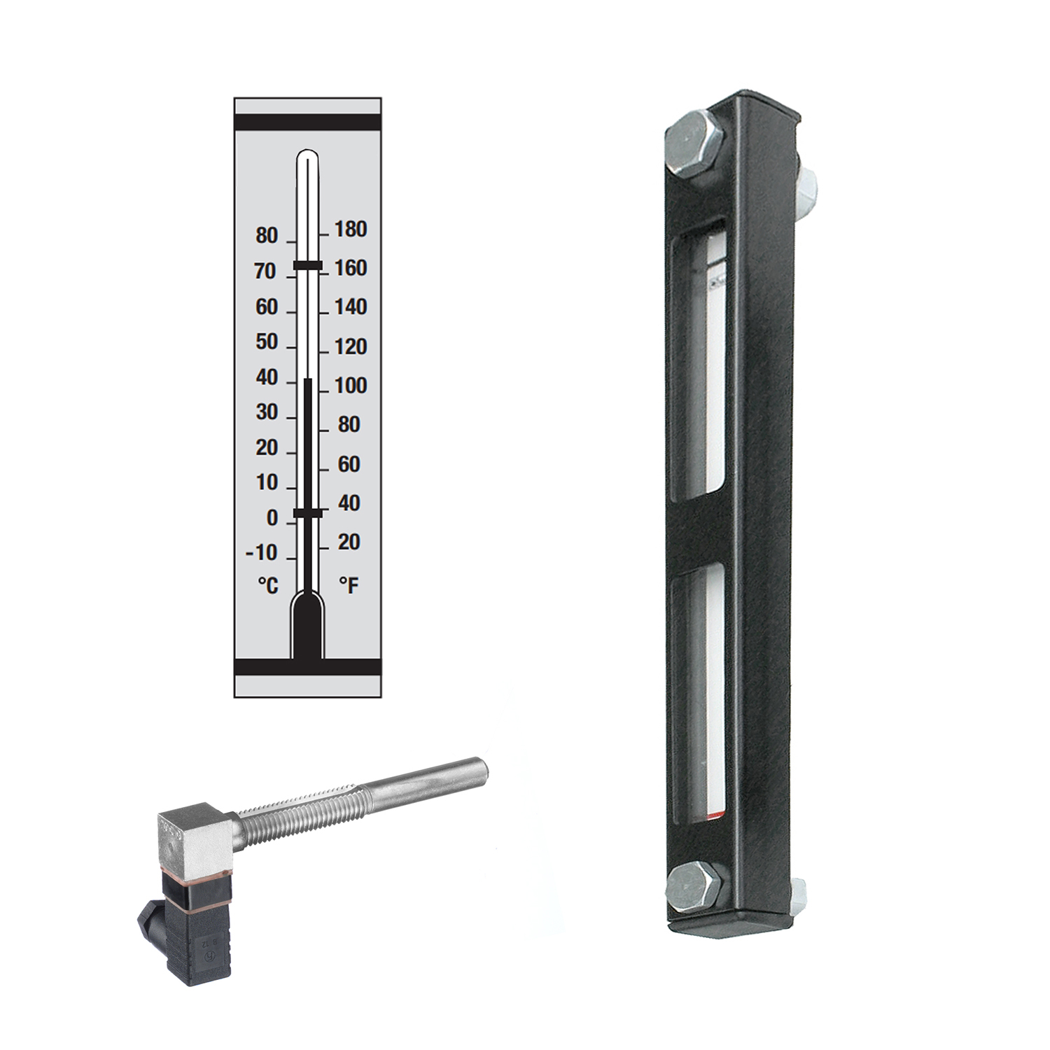 Stauff 1910002406. Optischer Niveauanzeiger Typ SNA-254 Nenngröße: 254 mm / 10.00 in Gehäuse: Stahl, pulverbesch. Schauglas: Polyamid (PA) Skalenplatte: PVC Dichtungen: NBR Skalenplatte mit STAUFF Logo Rotes Thermometerrohr Skala < 80°C Hohlschrauben M12 