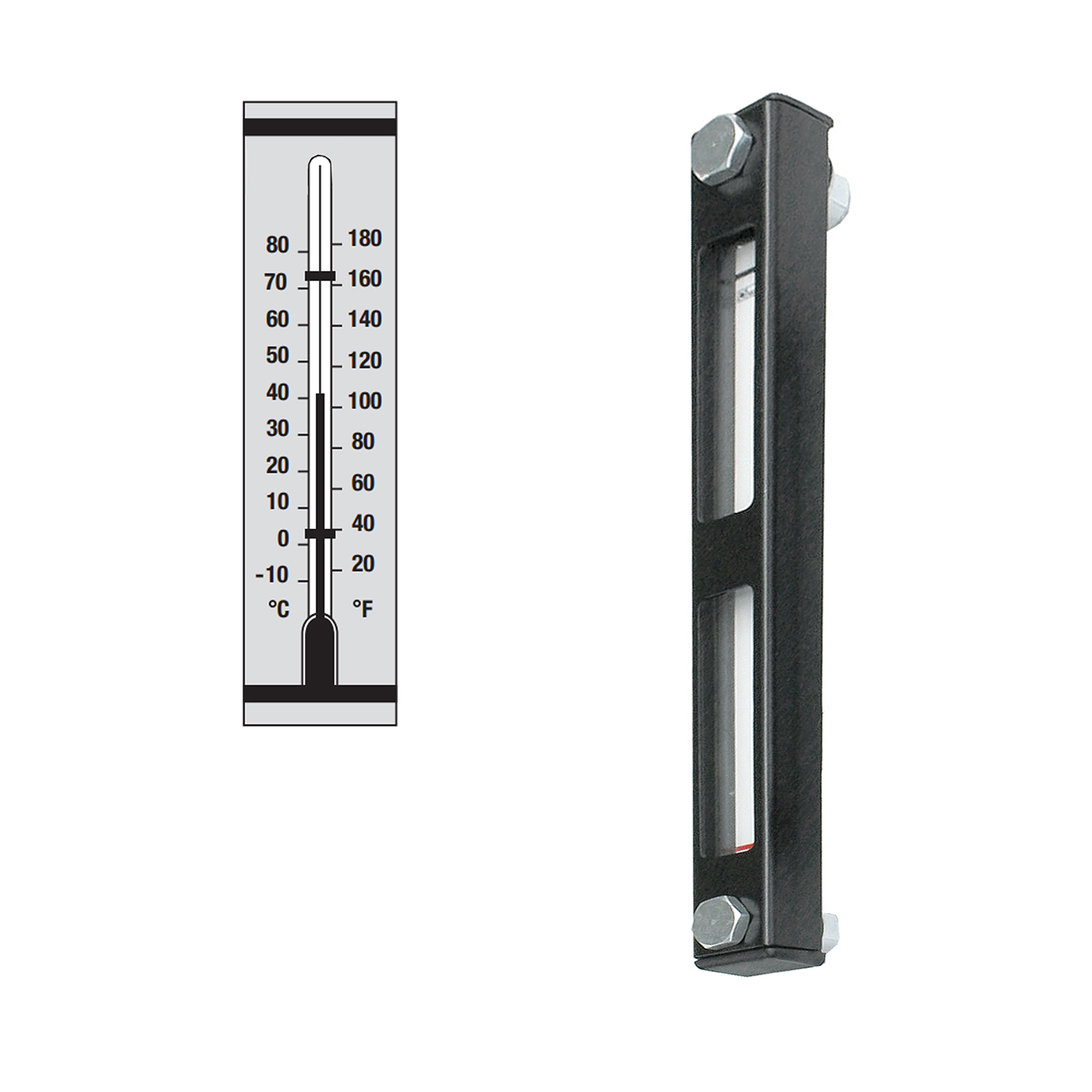 Stauff 1910000116. Visual Level Gauge Type SNA-254 Nom. Size: 254 mm / 10.00 in Housing: Steel, coated Sight Tube: Polyamide (PA) Scale Plate: PVC Sealings: NBR Neutral Scale Plate Red Capillary Tube Thermometer Scale < 80°C Banjo Bolts M12