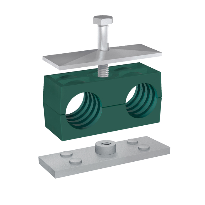 Stauff 1110033762. Clamp Assembly Twin Series Size 2D Ø12mm Polypropylene W3 Weld Plate, Short Cover Plate, Hex Head Bolt Profiled, with Initial Tension