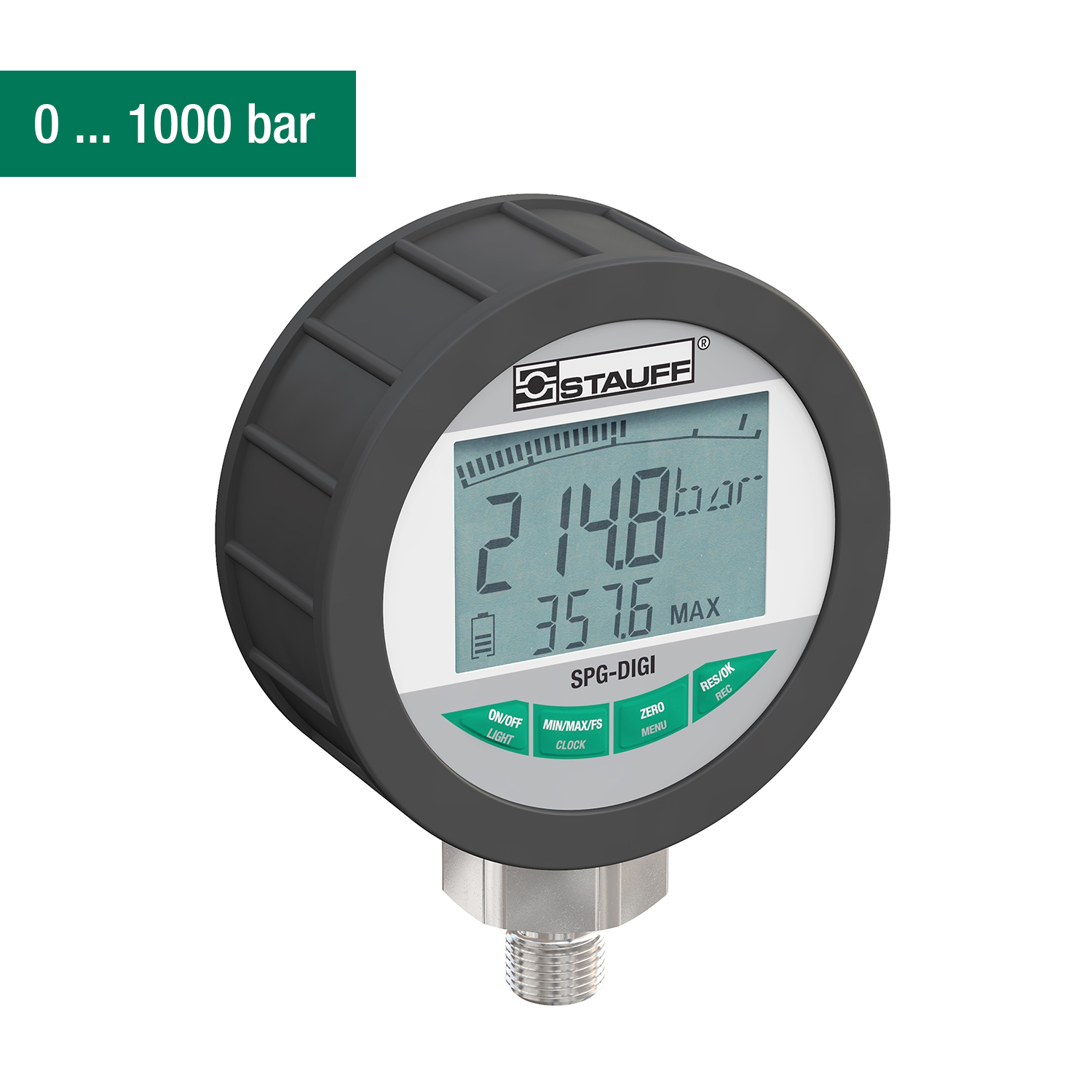 Stauff 1810000225. Digital Pressure Gauge Allround Testing Device for Oils, Lubricants and Water Range from 0 to 1000 bar Connection G 1/4 BSPP Accuracy: 0,25 % FS maximal