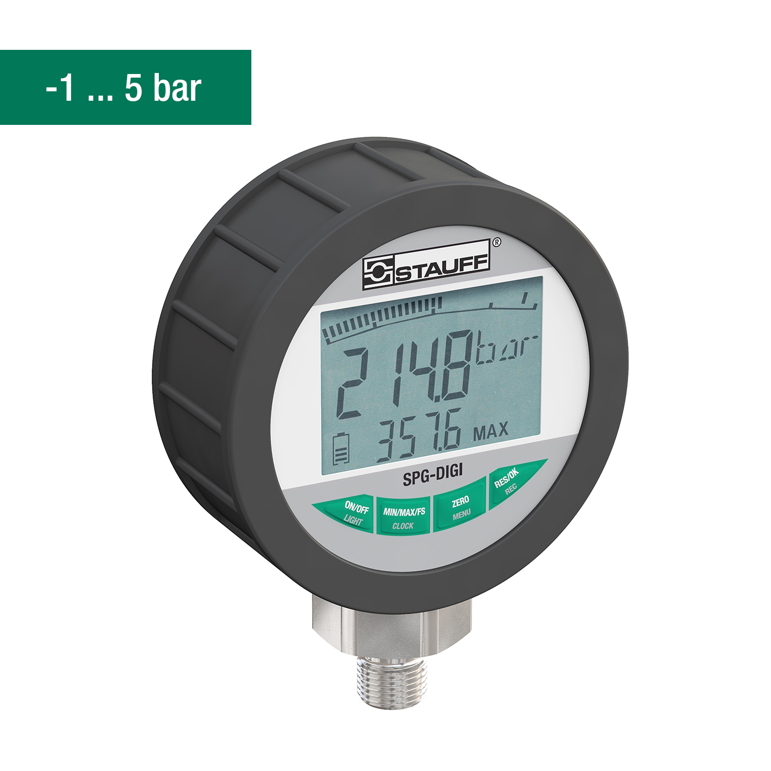 Stauff 6100163577. Digital Pressure Gauge Allround Testing Device for Oils, Lubricants and Water Range from -1 to 5 bar Connection G 1/4 BSPP Accuracy: 0,25 % FS maximal