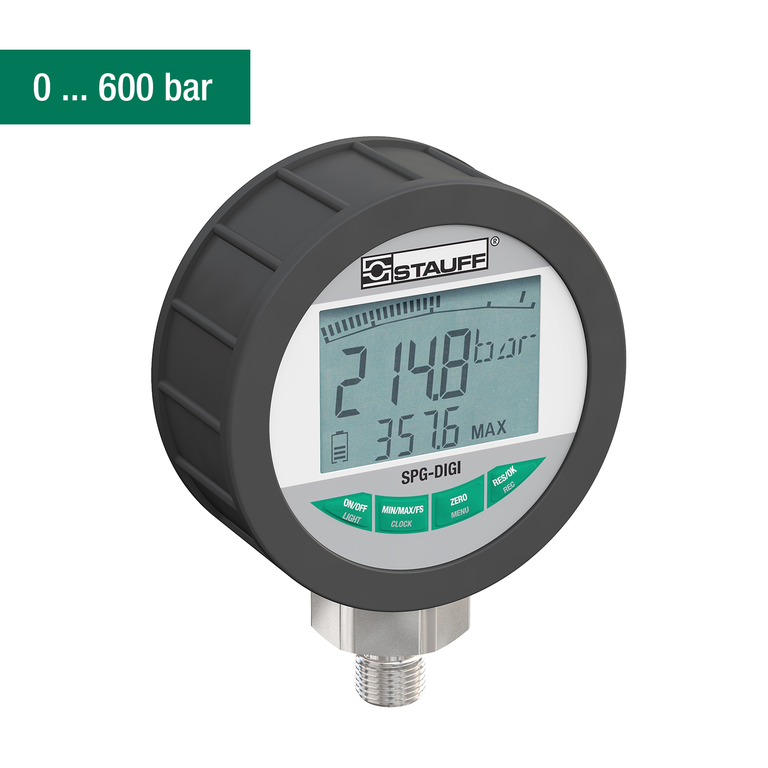 Stauff 1810000173. Digital Pressure Gauge Allround Testing Device for Oils, Lubricants and Water Range from 0 to 600 bar Connection G 1/4 BSPP Accuracy: 0,25 % FS maximal with Calibration Certificate
