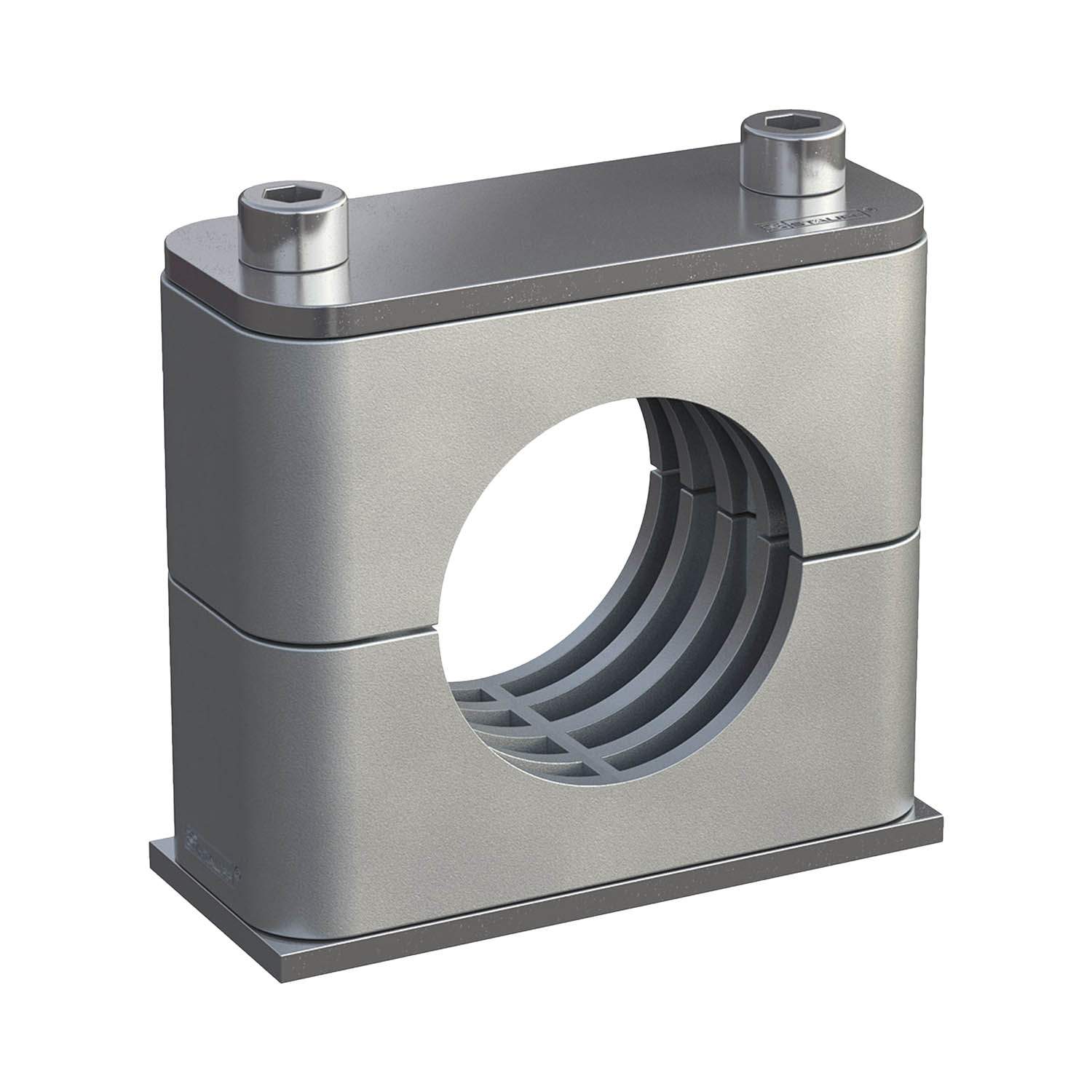 Stauff 1110001187. Komplettschelle Standard-Baureihe Gr. 4 Ø26,9mm Aluminium W10 gerippt, mit Vorspannung Anschweißpl., kurz Deckpl., IS-Schraube