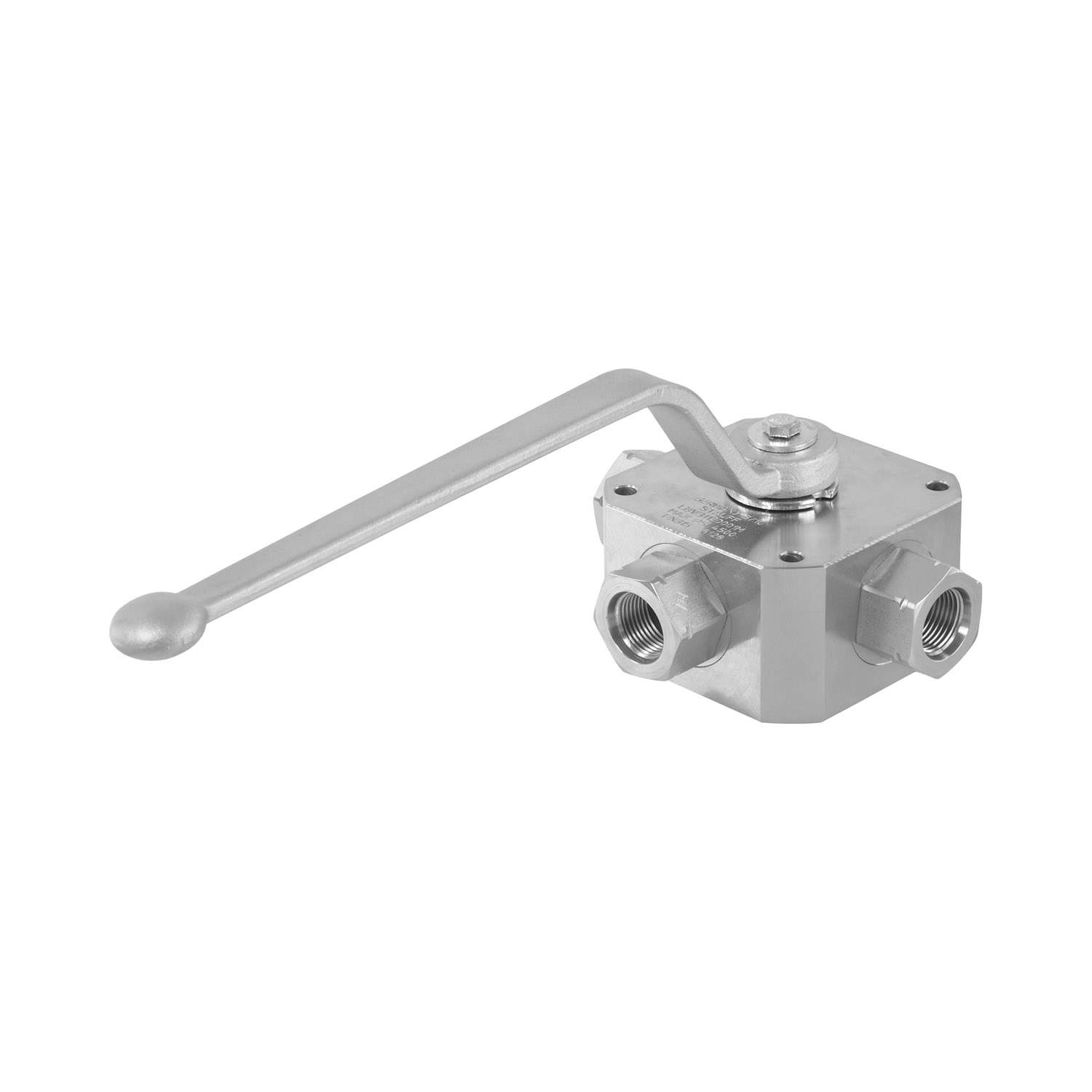 Stauff 3404002426. Ball Valve Mild Steel, zinc/iron-plated 3-way Ball Valves Connection: 1/2 BSP Nominal Size: DN13 Sealing: POM / FKM PN: 400 bar / 5800 PSI