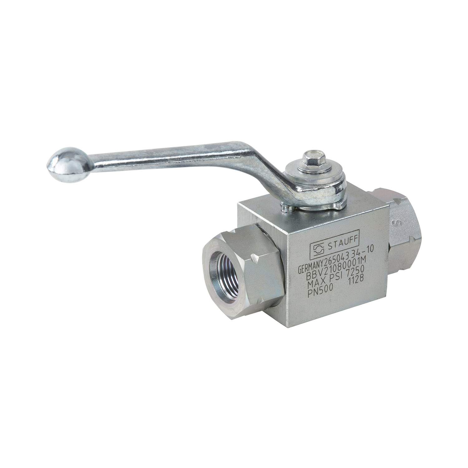 Stauff 3404000047. Ball Valve Mild Steel, zinc/iron-plated 2-way Ball Valves SAE Flange Adaptor 1/2" Nominal Size: DN13 Sealing: POM / FKM PN: 350 bar / 5000 PSI