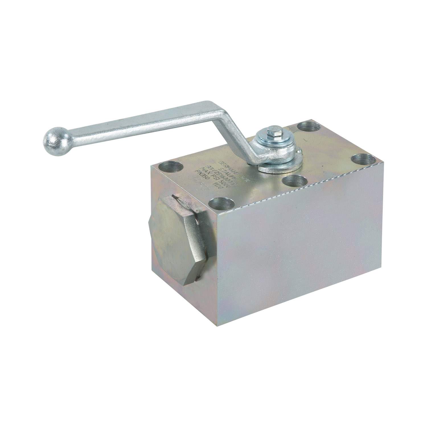 Stauff 3404001464. Ball Valve Mild Steel, zinc/iron-plated 2-way Ball Valves für den Plattenaufbau Nominal Size: DN50 Sealing: POM / FKM PN: 420 bar / 6000 PSI