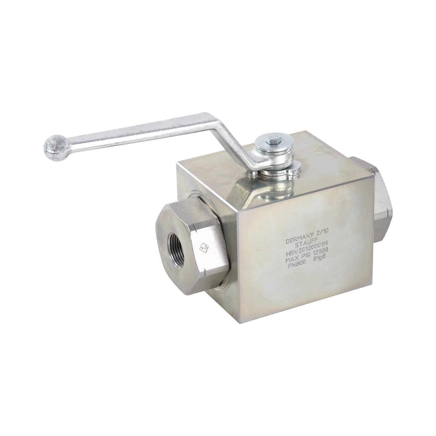 Stauff 3404000691. Extreme Pressure Ball Valve Mild Steel, zinc/iron-plated 2-way Ball Valves Connection: 1/2 NPT Nominal Size: DN13 Sealing: POM / FKM PN: 800 bar / 12000 PSI