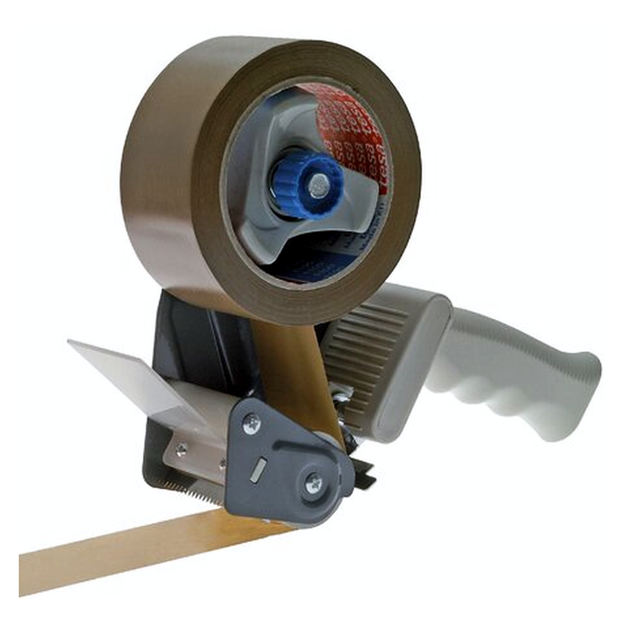Packband-Handabroller Handabrollgerät mit Metallrahmen, Rollenbremse und gezahnter Abrisskante. Beso