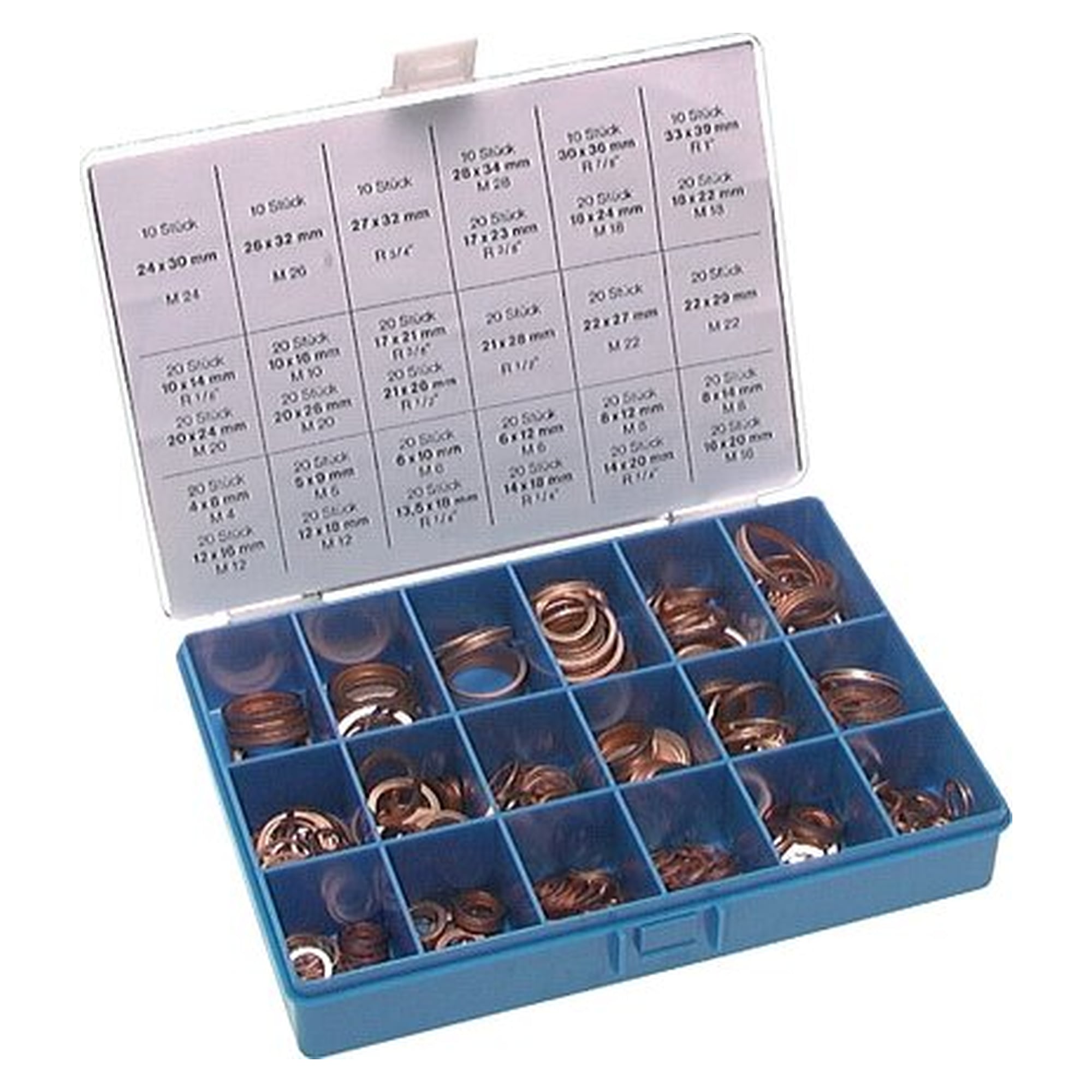 Sealing ring assortment, copper, 28 dimensions (6 - 33 mm), filler sealing rings to DIN 7603 C
