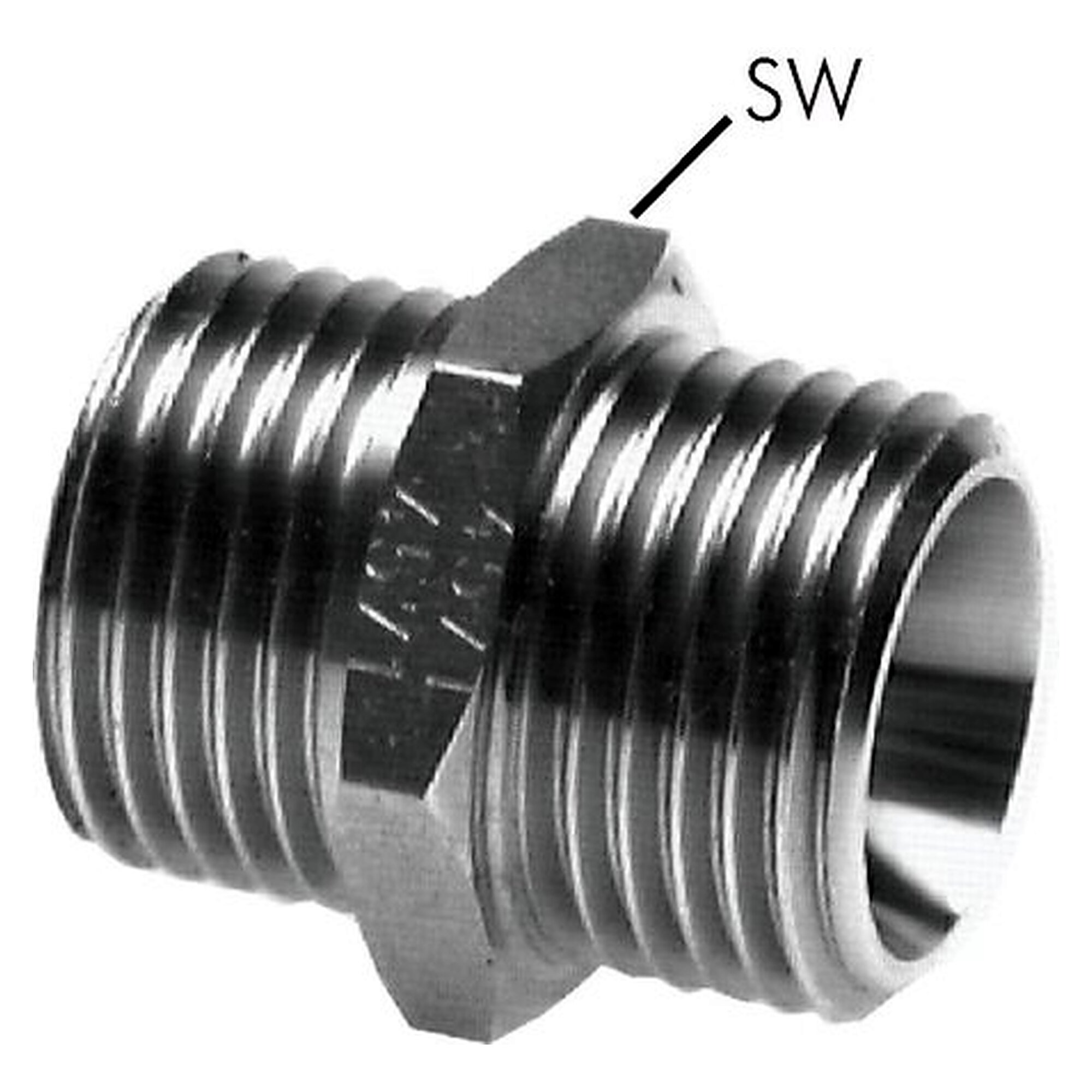 Double nipple, parallel thread, G 1/2" and G 3/8", PN 40 bar, stainless steel 1.4571, SW 24 mm