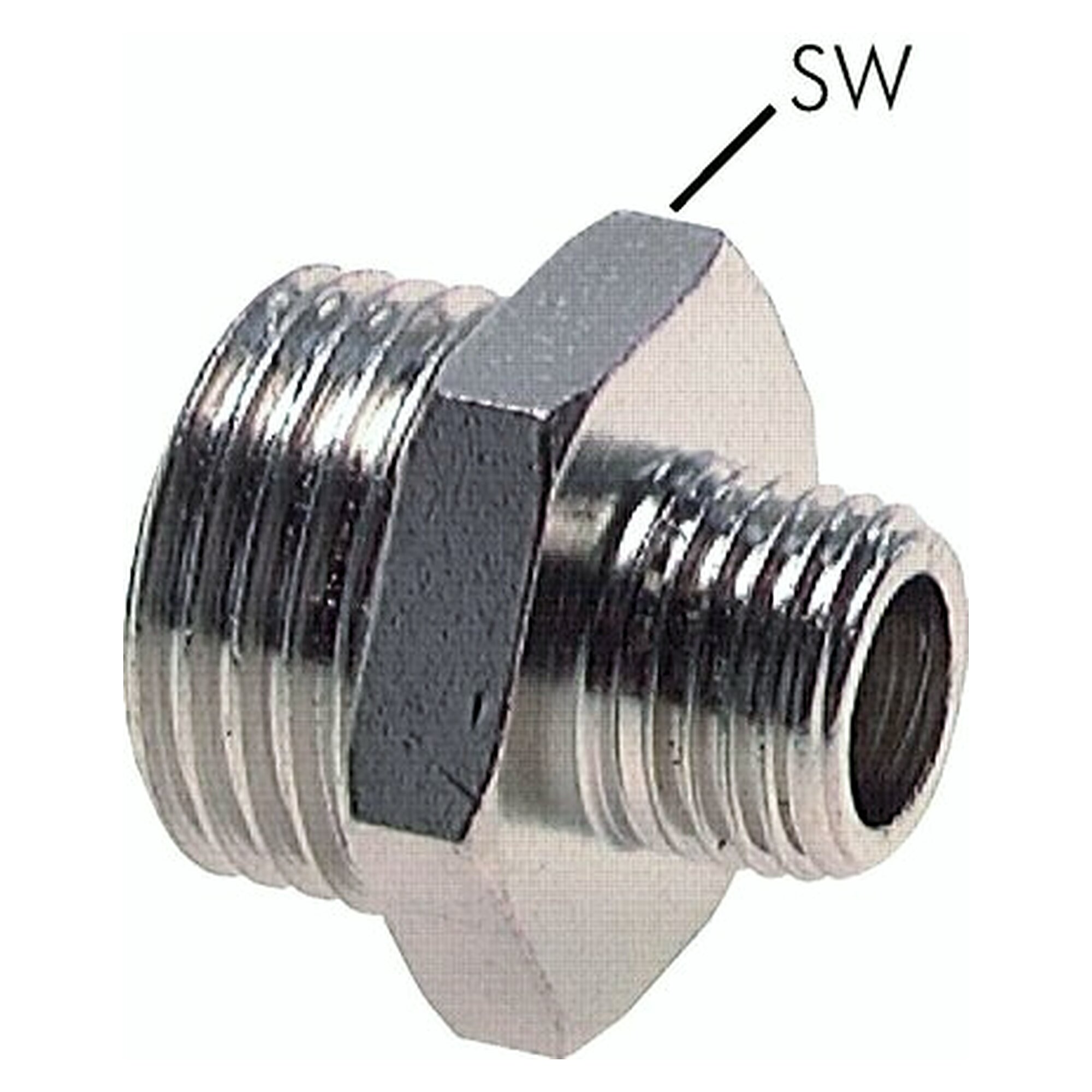 Double nipple, parallel thread, G 3/4" and G 1/2", PN 16 bar, nickel-plated brass, SW 30 mm