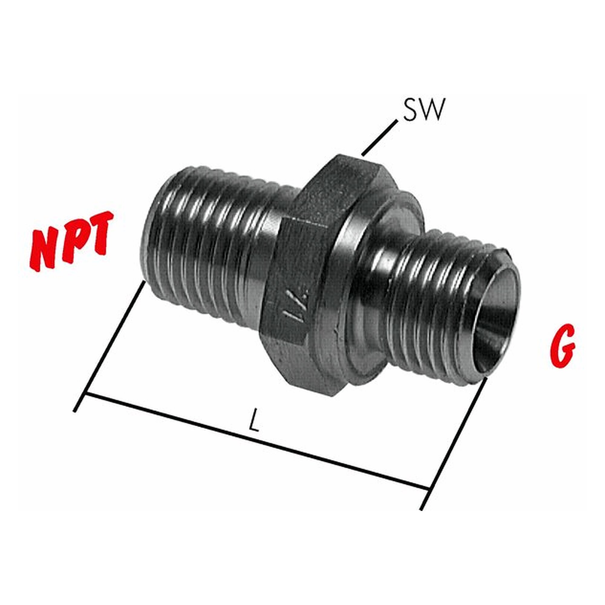Double nipple, thread NPT 1/8", length 26 mm, stainless steel 1.4571, width across flats 14 mm