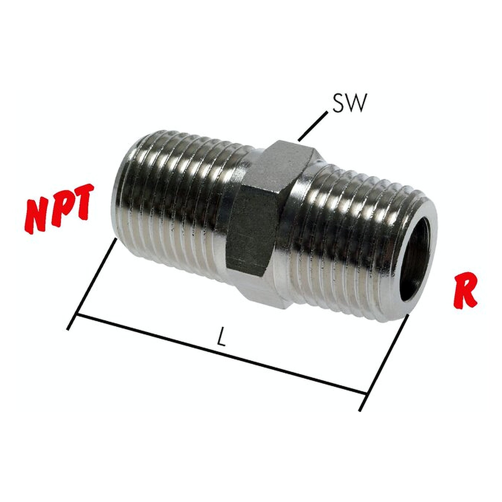 Doppelnippel, Gewinde NPT 1/8", Länge 27 mm, Messing vernickelt, Schlüsselweite 11 mm